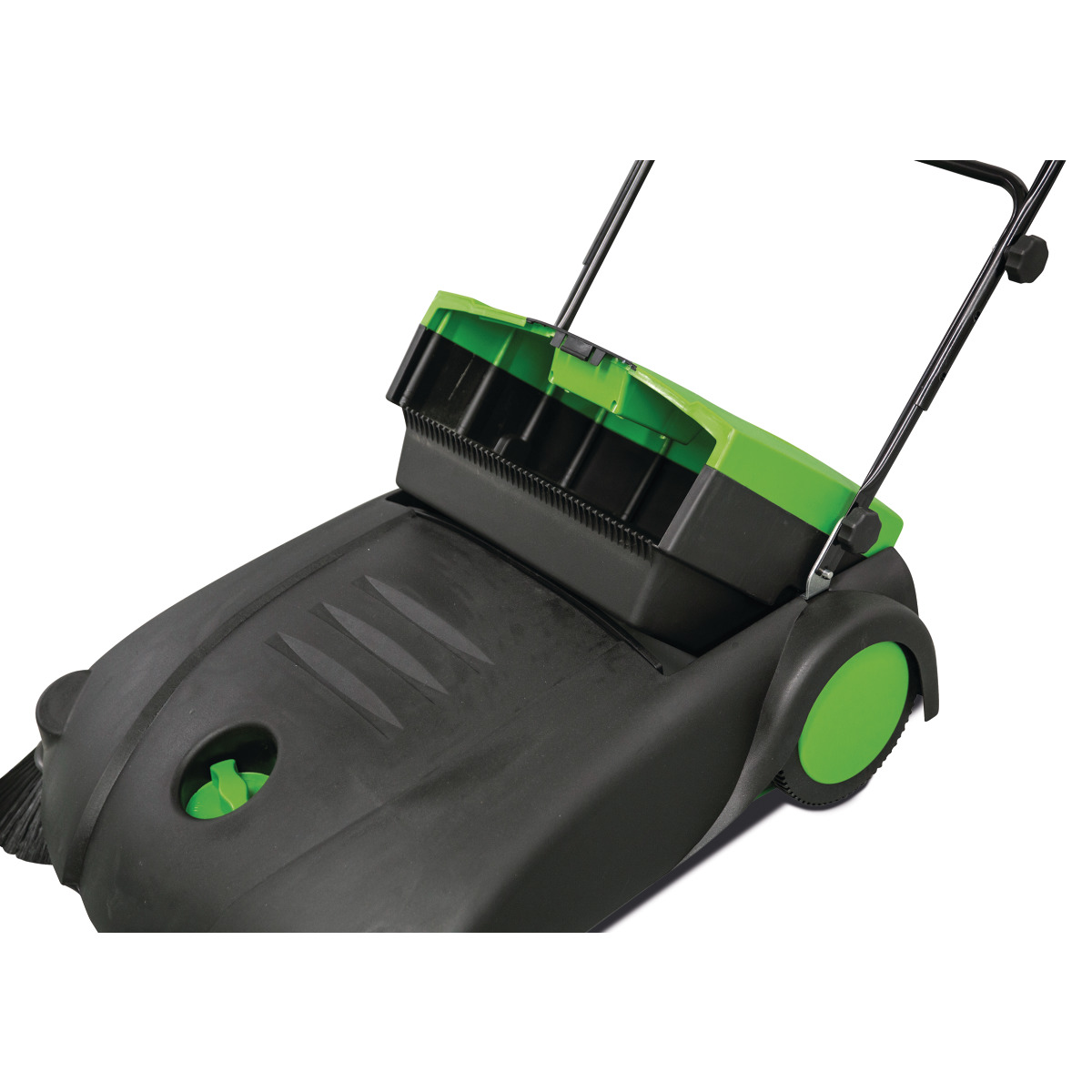 Handkehrmaschine HKM 801 Kehrmaschine mit geöffnetem grünen Schmutzbehälter und sichtbarem Bürstensystem.