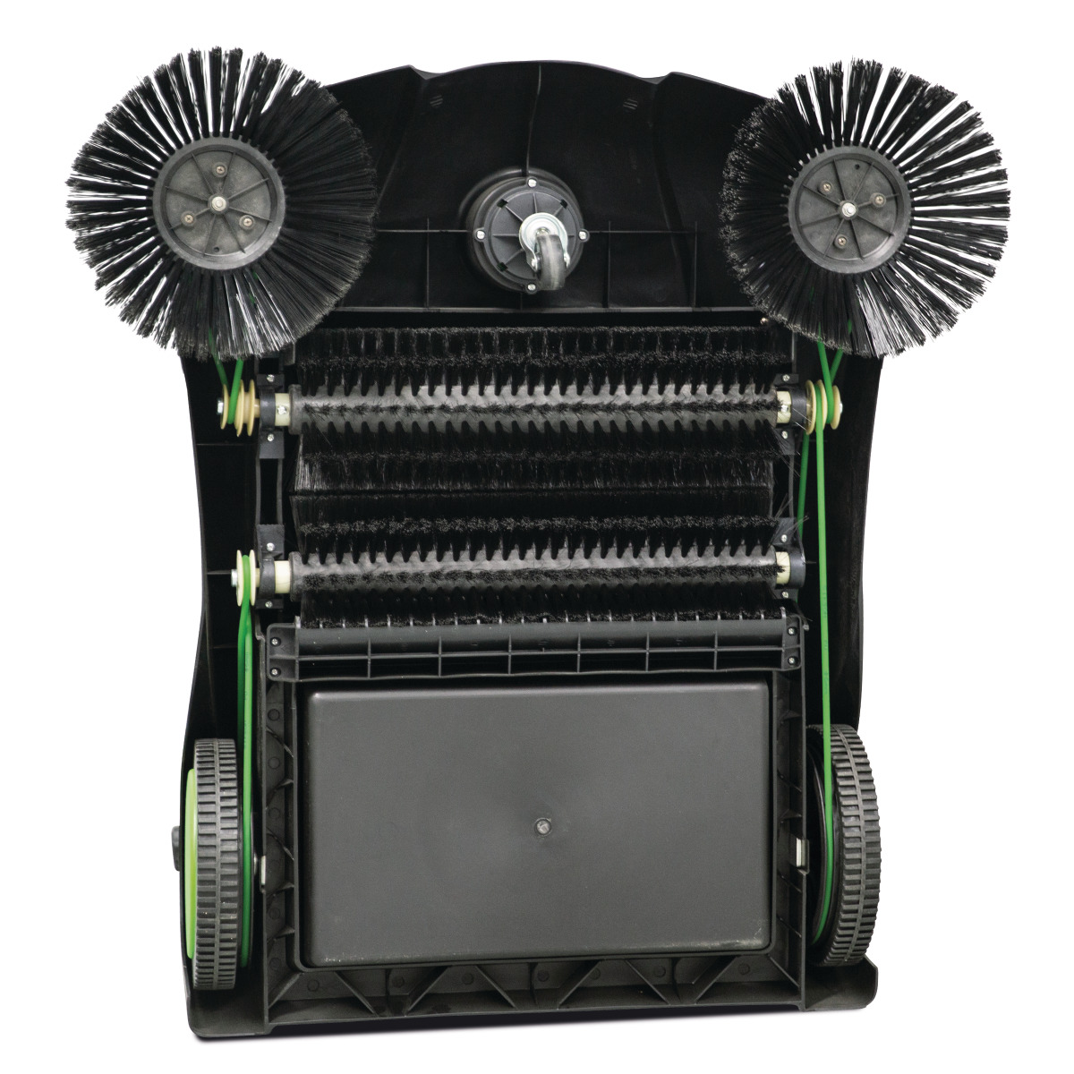 Handkehrmaschine HKM 801 Unterseite der Kehrmaschine mit zwei Seitenbürsten und mehreren Walzenbürsten.