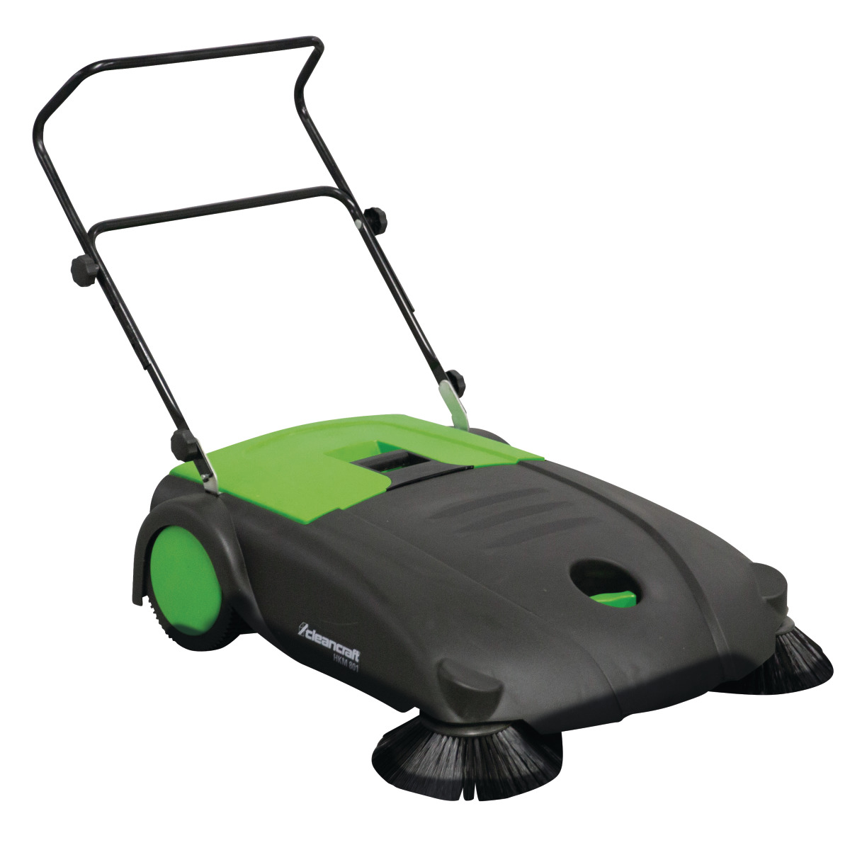 Handkehrmaschine HKM 801 Handgeführte Kehrmaschine mit grün-schwarzem Gehäuse, zwei Seitenbürsten und schwarzem Griffgestänge.
