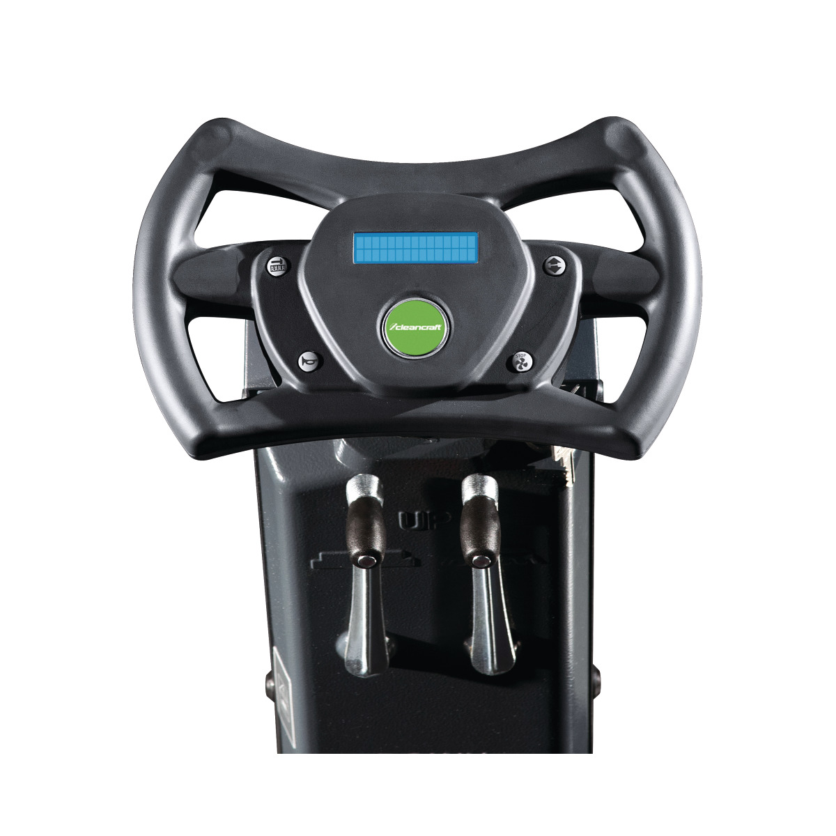 Aufsitz-Kehrsaugmaschine AUKM 600 Lenkrad der Kehrmaschine mit integriertem Display und Steuerhebeln darunter.