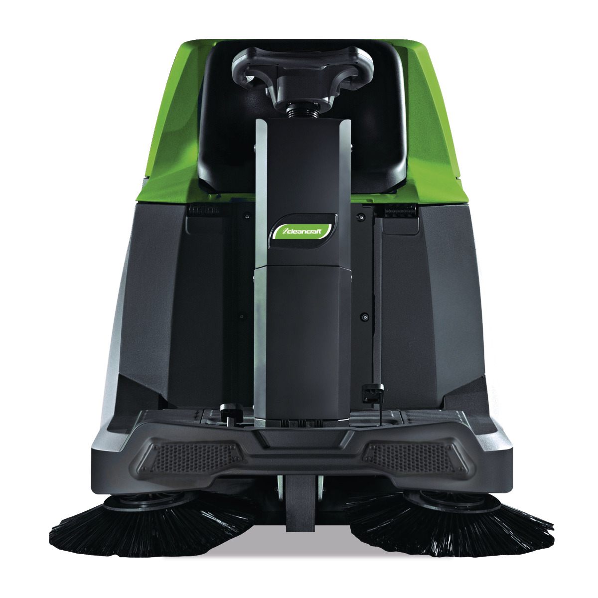 Aufsitz-Kehrsaugmaschine AUKM 600 Frontansicht der Aufsitz-Kehrmaschine mit zwei Seitenbürsten und Lenksäule.