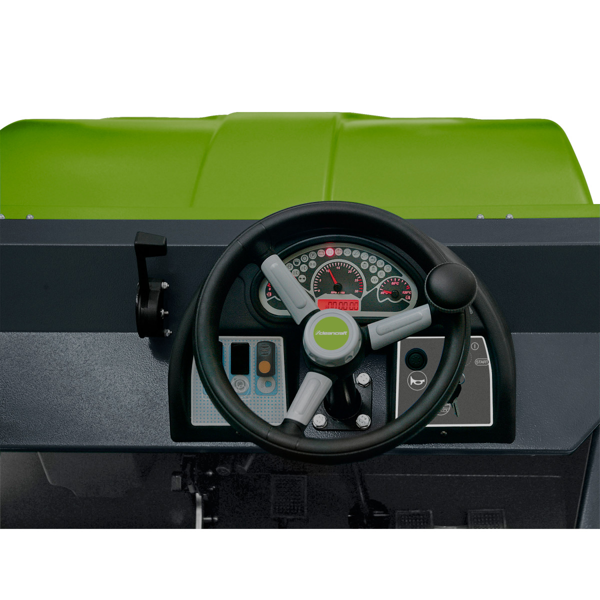 Aufsitz-Kehrsaugmaschine AUKM 900 Nahaufnahme des Lenkrads mit Instrumententafel und Kontrollanzeigen.