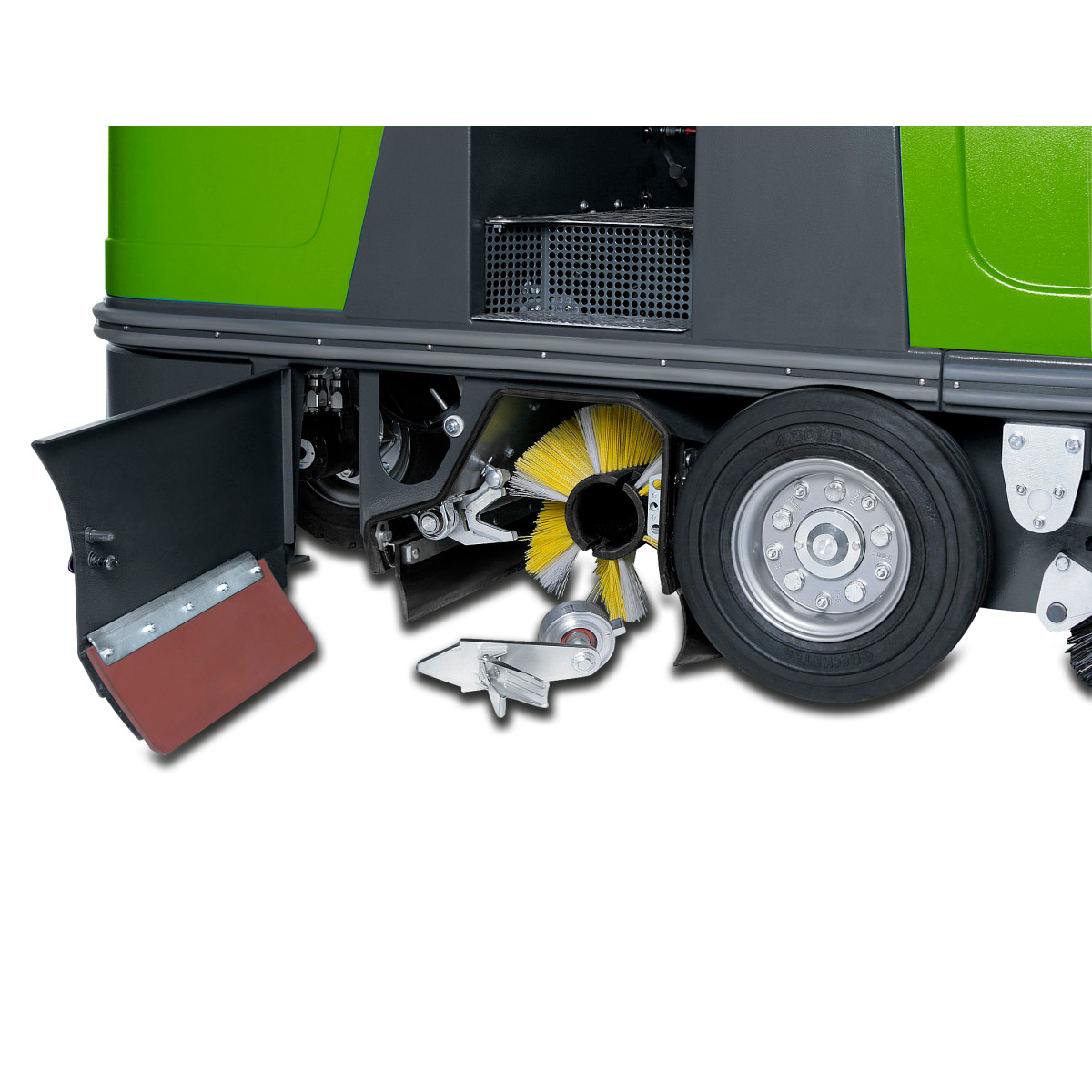 Aufsitz-Kehrsaugmaschine AUKM 900 Geöffnete Seitenklappe zeigt gelbe Hauptbürste und Mechanik im Innenraum.