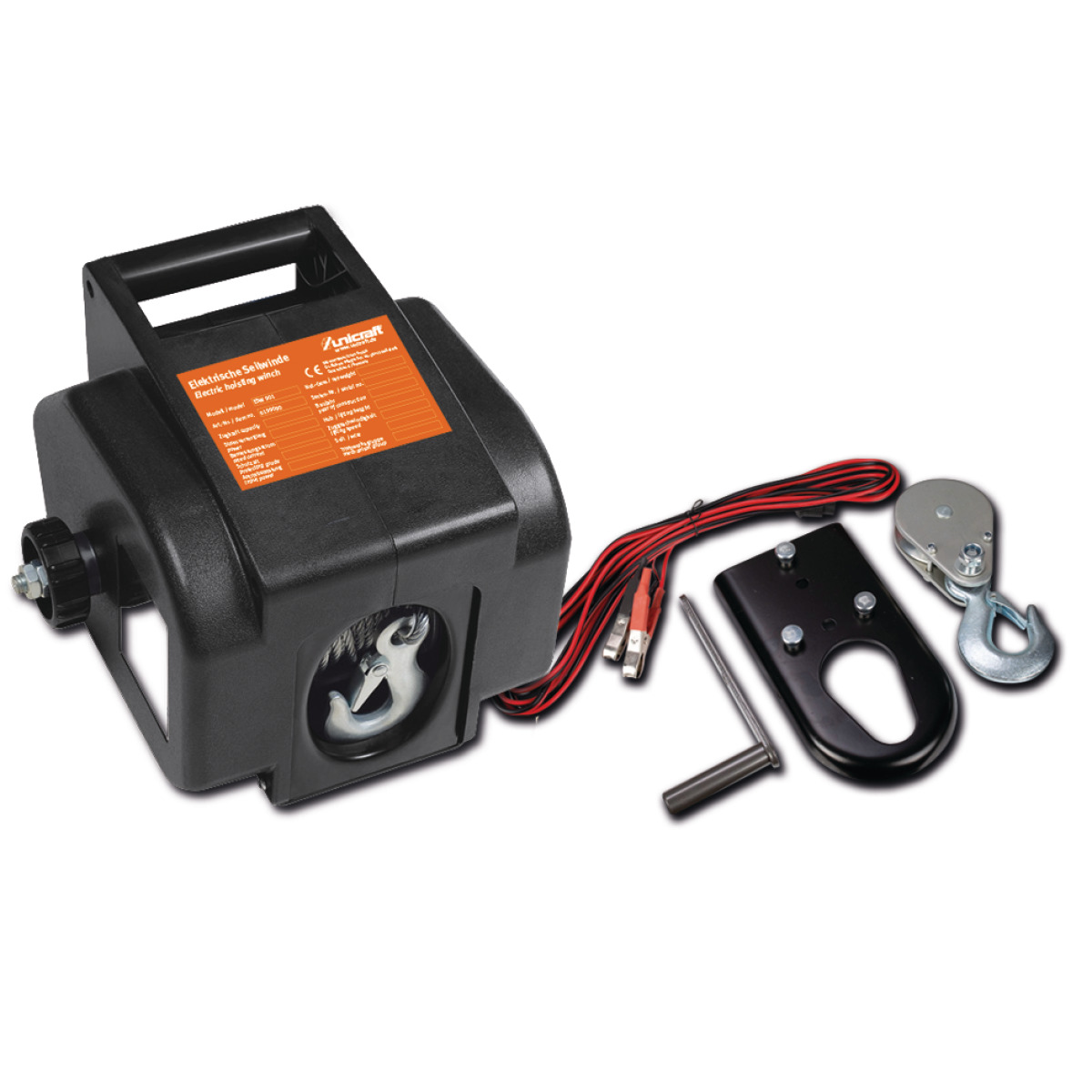 Elektroseilwinde ESW 901 Unicraft ESW 901 Elektroseilwinde mit schwarzem Gehäuse, Tragegriff, sichtbarem Lasthaken, Anschlusskabel und separatem Zubehör.
