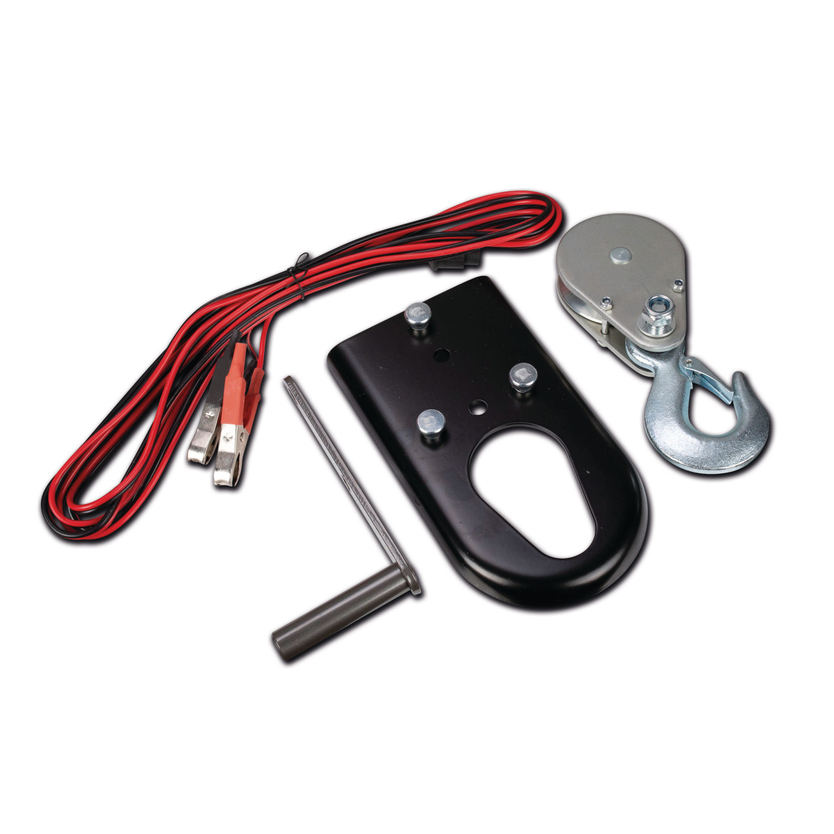 Elektroseilwinde ESW 901 Zubehör der Unicraft ESW 901 Elektroseilwinde mit rot-schwarzem Anschlusskabel, Batterieklemmen, Montageplatte, Metallstift und Umlenkrolle mit Haken.