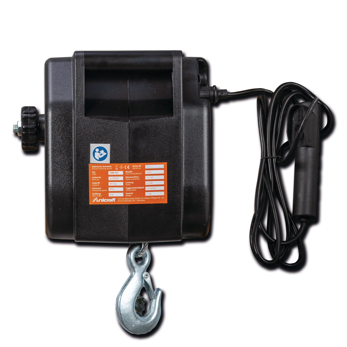Elektroseilwinde ESW 901 Unicraft ESW 901 Elektroseilwinde in Vorderansicht mit schwarzem Gehäuse, orangefarbenem Typenschild, Lasthaken und Handsteuerung.