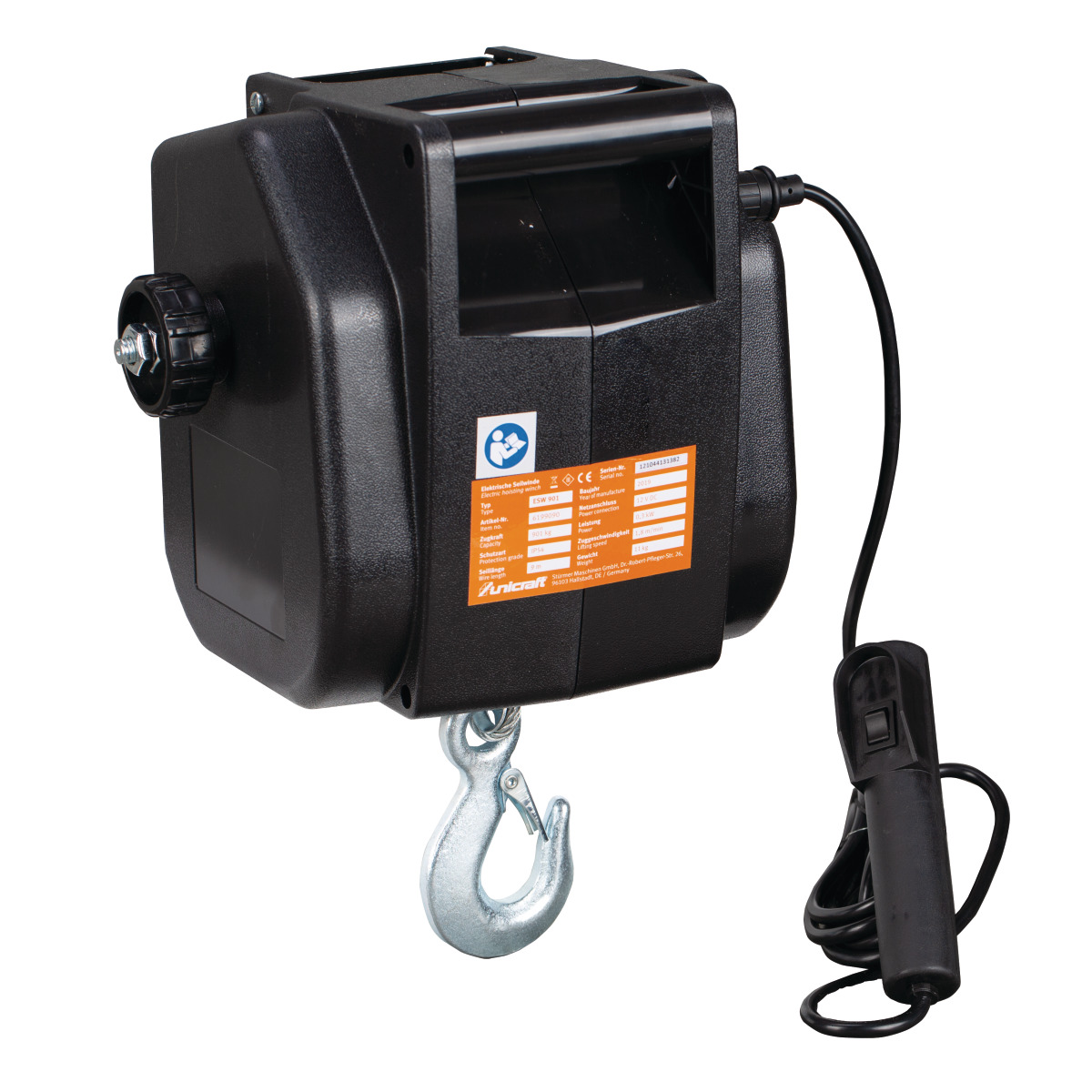 Elektroseilwinde ESW 901 Unicraft ESW 901 Elektroseilwinde mit schwarzem Gehäuse, silberfarbenem Lasthaken und kabelgebundener Handsteuerung mit Schalter.
