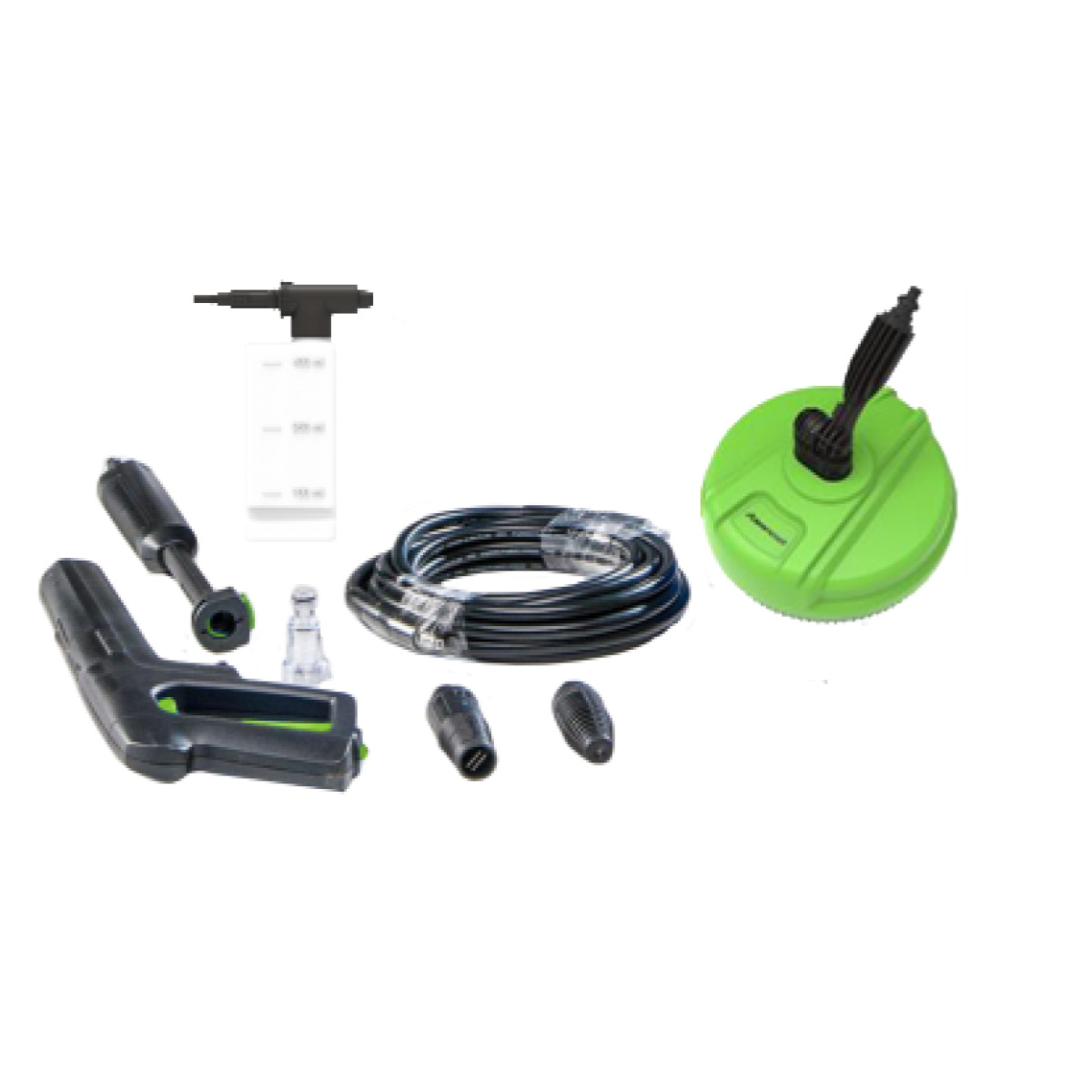 Kaltwasser-Hochdruckreiniger HDR-K 46-16 Zubehörset für Hochdruckreiniger bestehend aus Spritzpistole, Lanzen, Düsen, Hochdruckschlauch, Reinigungsmitteltank und grünem Flächenreiniger.