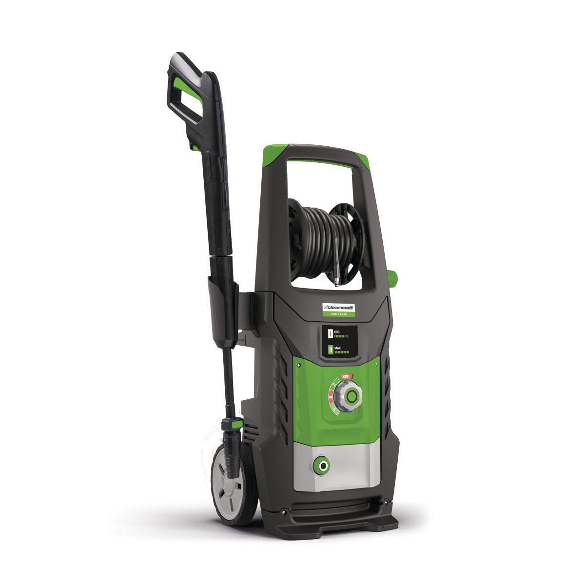 Grüner Hochdruckreiniger mit Schlauchaufroller, großen Rädern und ergonomischem Griff zur einfachen Handhabung.