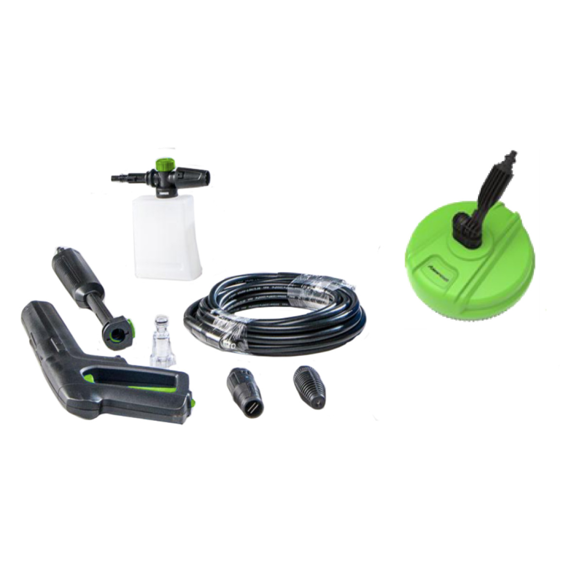 Kaltwasser-Hochdruckreiniger HDR-K 50-18 Zubehörset für Hochdruckreiniger bestehend aus Spritzpistole, Lanzen, Hochdruckschlauch, Reinigungsmitteltank und grünem Flächenreiniger.