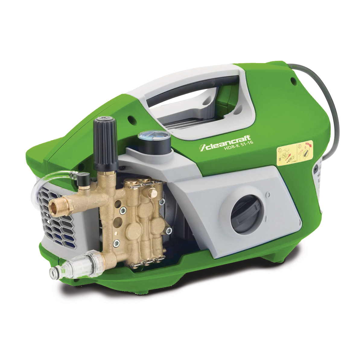 Kaltwasser-Hochdruckreiniger HDR-K 51-16 Kompakter, tragbarer Hochdruckreiniger in Grün-Grau mit Messingpumpe und integriertem Druckmanometer.