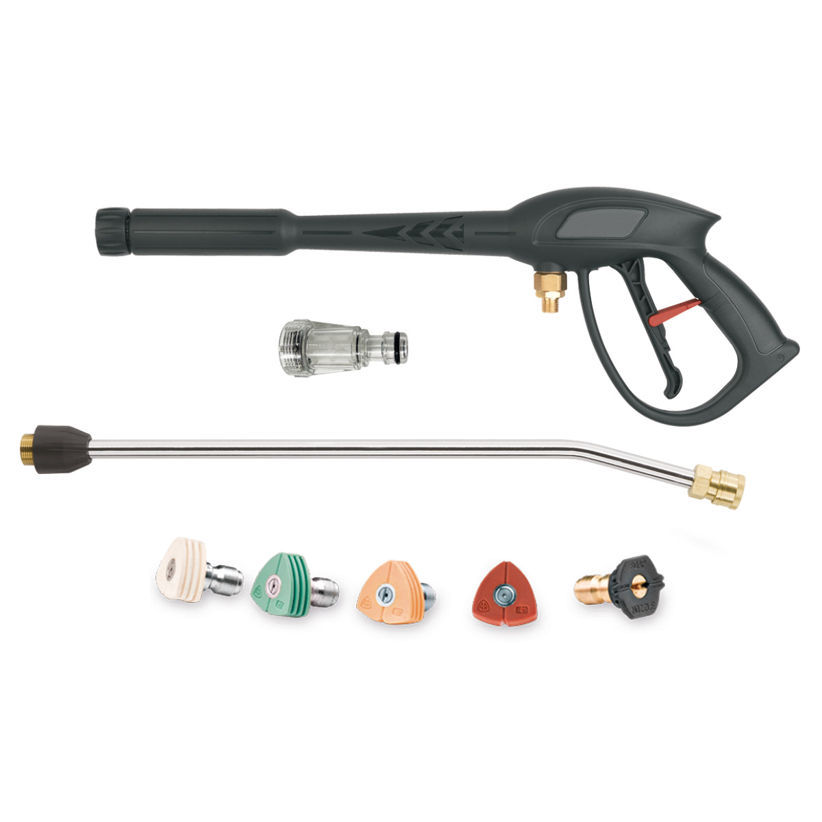 Kaltwasser-Hochdruckreiniger HDR-K 90-20 Zubehörset für Hochdruckreiniger mit Spritzpistole, Lanze, Filter und fünf farbcodierten Düsenaufsätzen.