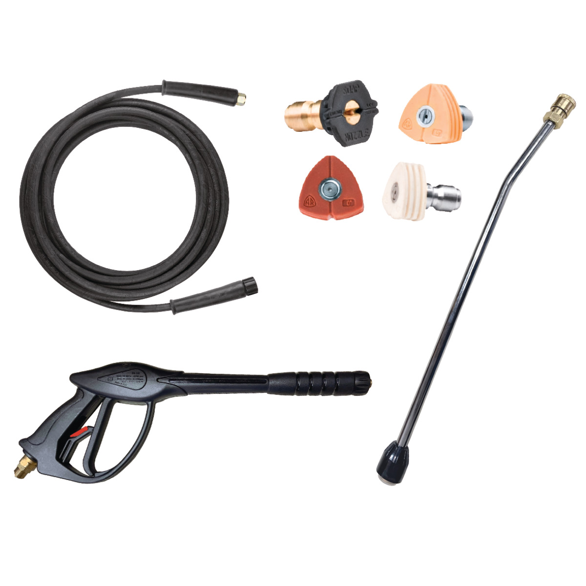 Kaltwasser-Hochdruckreiniger HDR-K 96-28 BL Zubehörset für Hochdruckreiniger mit Hochdruckschlauch, Pistole, Lanze und vier farbcodierten Düsenaufsätzen.