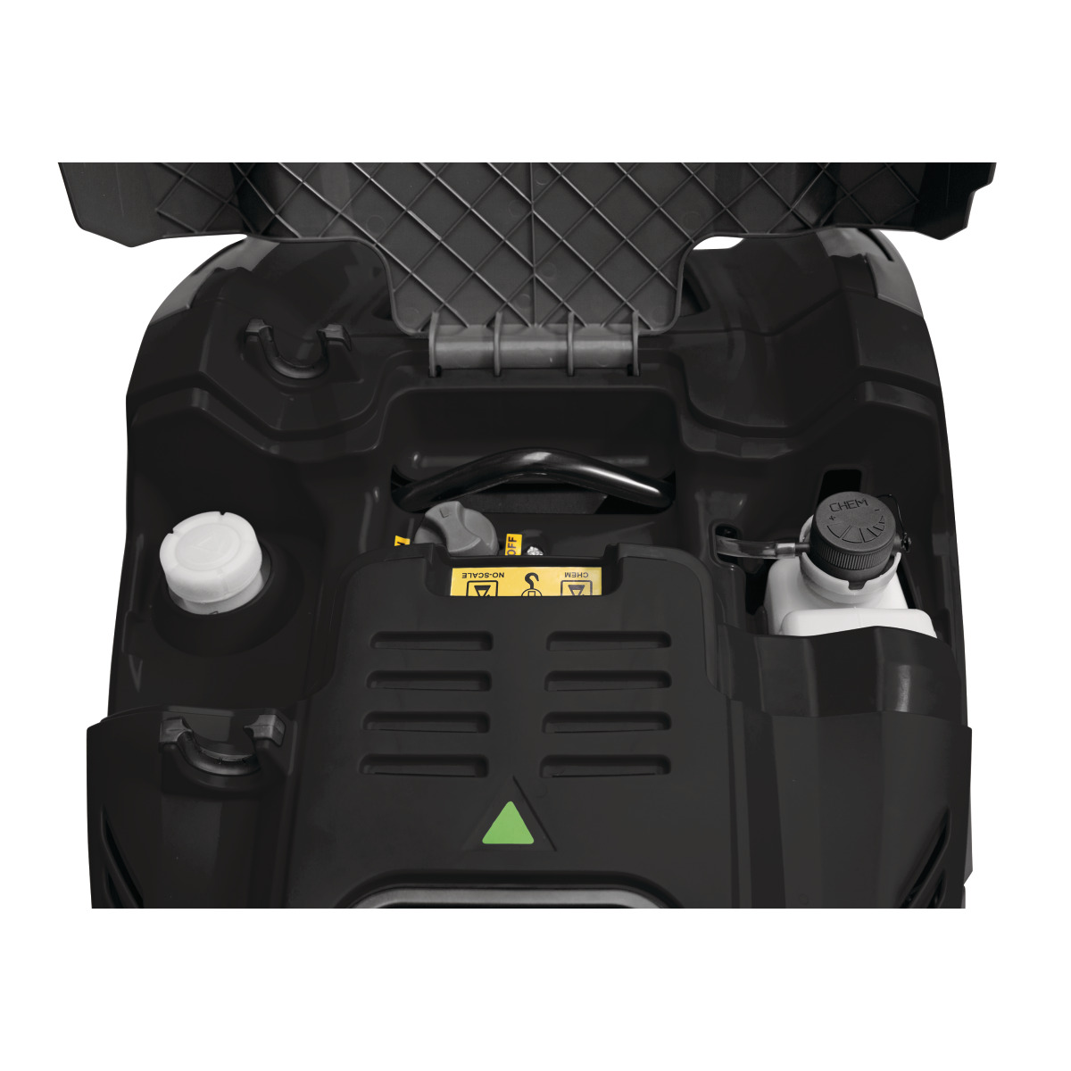 Heißwasser-Hochdruckreiniger HDR-H 90-20 Detailaufnahme der geöffneten oberen Abdeckung mit sichtbarem Reinigungsmitteltank und Kabelaufbewahrung.