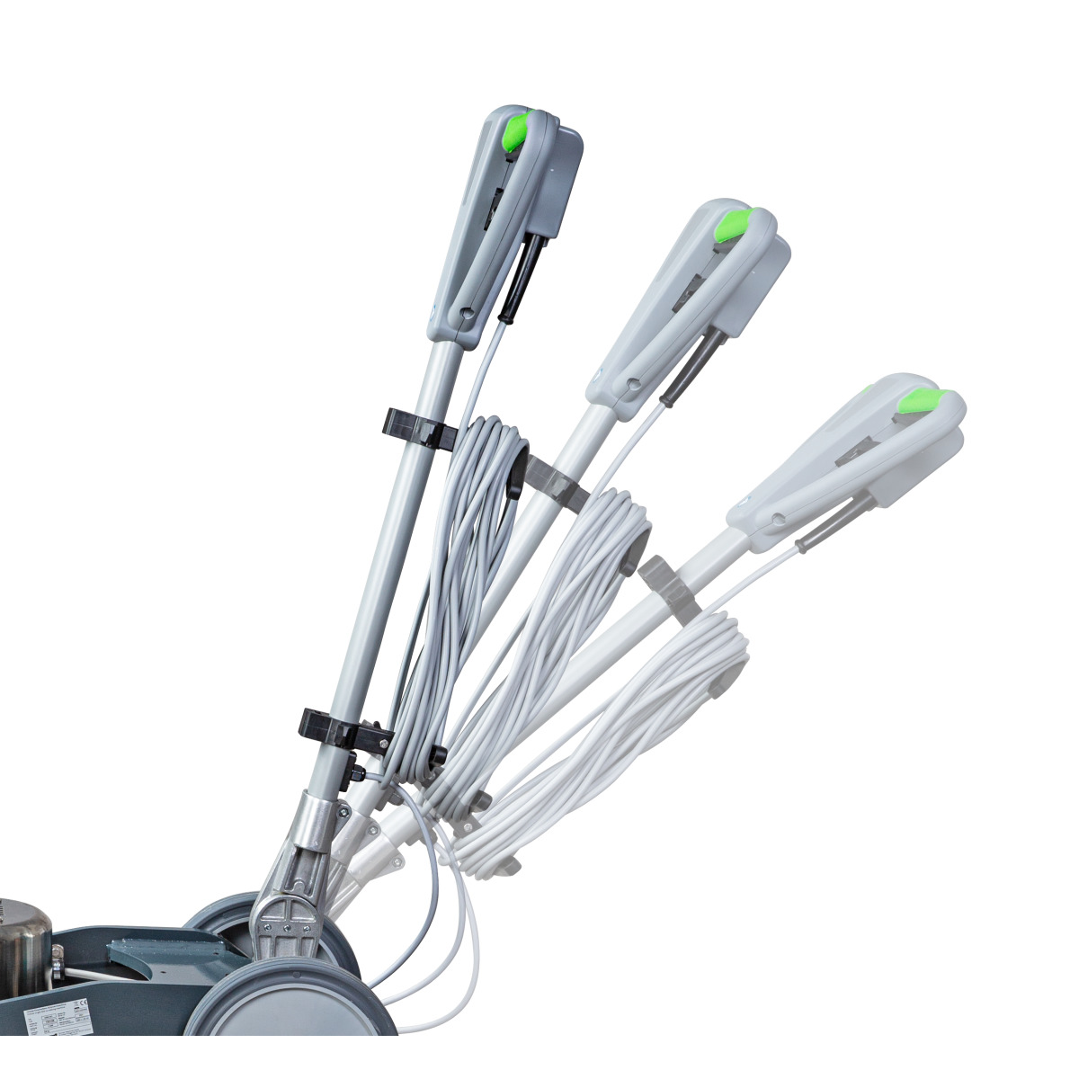 Orbital-Einscheibenmaschine OSM 431 Bewegliche Griffstange einer Reinigungsmaschine mit Kabel, in mehreren Neigungswinkeln gezeigt.