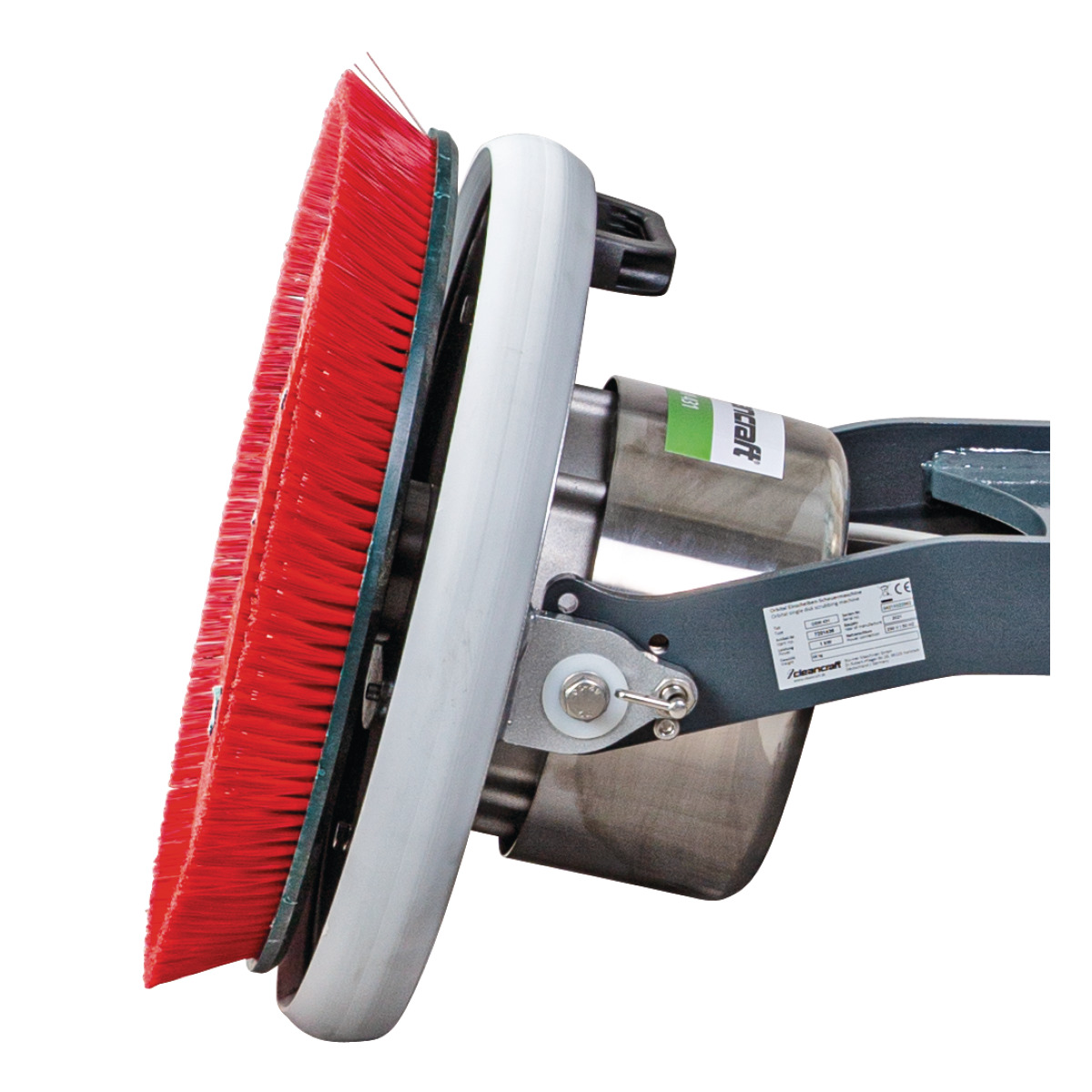 Orbital-Einscheibenmaschine OSM 431 Seitenansicht des Bürstenkopfs einer Reinigungsmaschine mit roter Bürste und Edelstahlgehäuse.