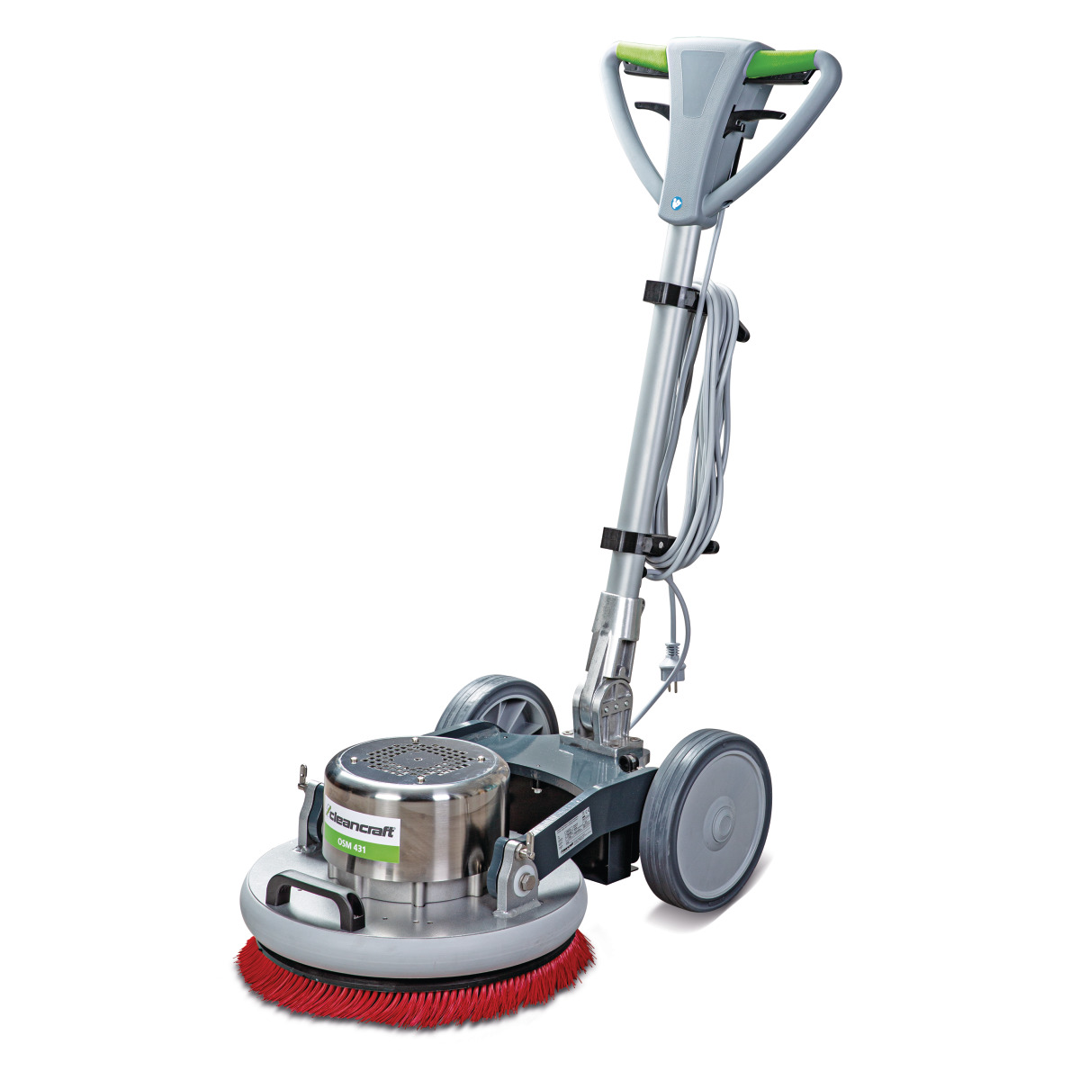 Orbital-Einscheibenmaschine OSM 431 Reinigungsmaschine mit Edelstahlgehäuse und roter Rundbürste, stehende Position mit Griff und Kabel.