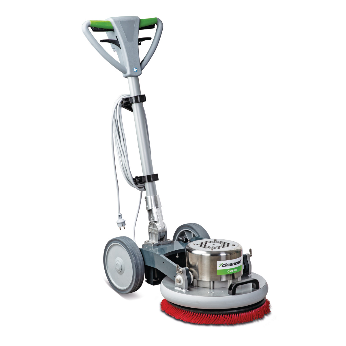 Orbital-Einscheibenmaschine OSM 431 Reinigungsmaschine mit roter Bürste, Edelstahlgehäuse und aufrechter Griffstange mit Kabelhalterung.