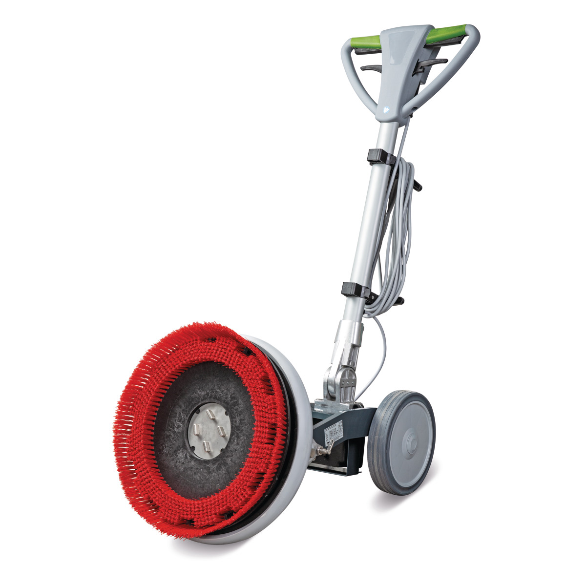 Orbital-Einscheibenmaschine OSM 431 Bodenreinigungsmaschine mit roter Rundbürste und höhenverstellbarem Griff auf zwei Rädern.