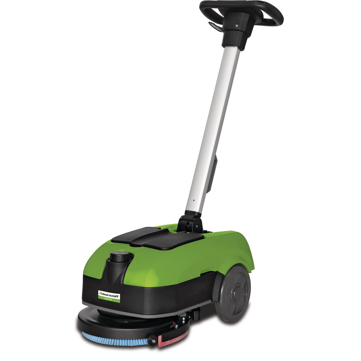 Kompakte Scheuersaugmaschine mit grün-schwarzem Gehäuse, langem Schubbügel, großen Rädern und runder Bürsteneinheit.