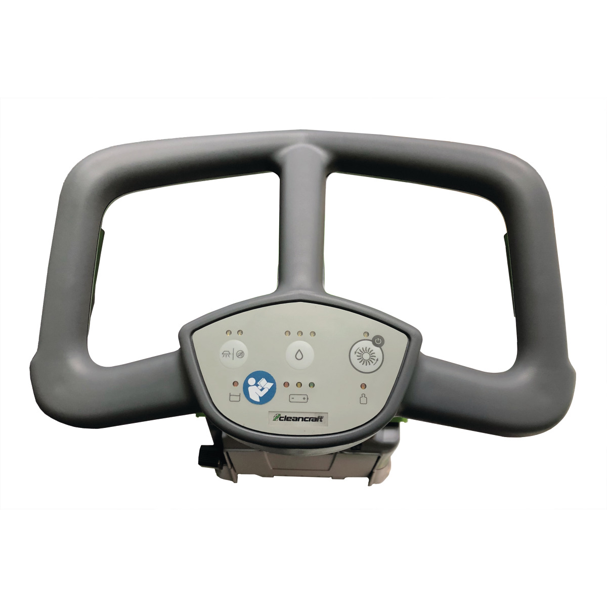 Bedienfeld einer Reinigungsmaschine mit Symbolen für Wasser, Bürste, Saugfunktion und Leistung.