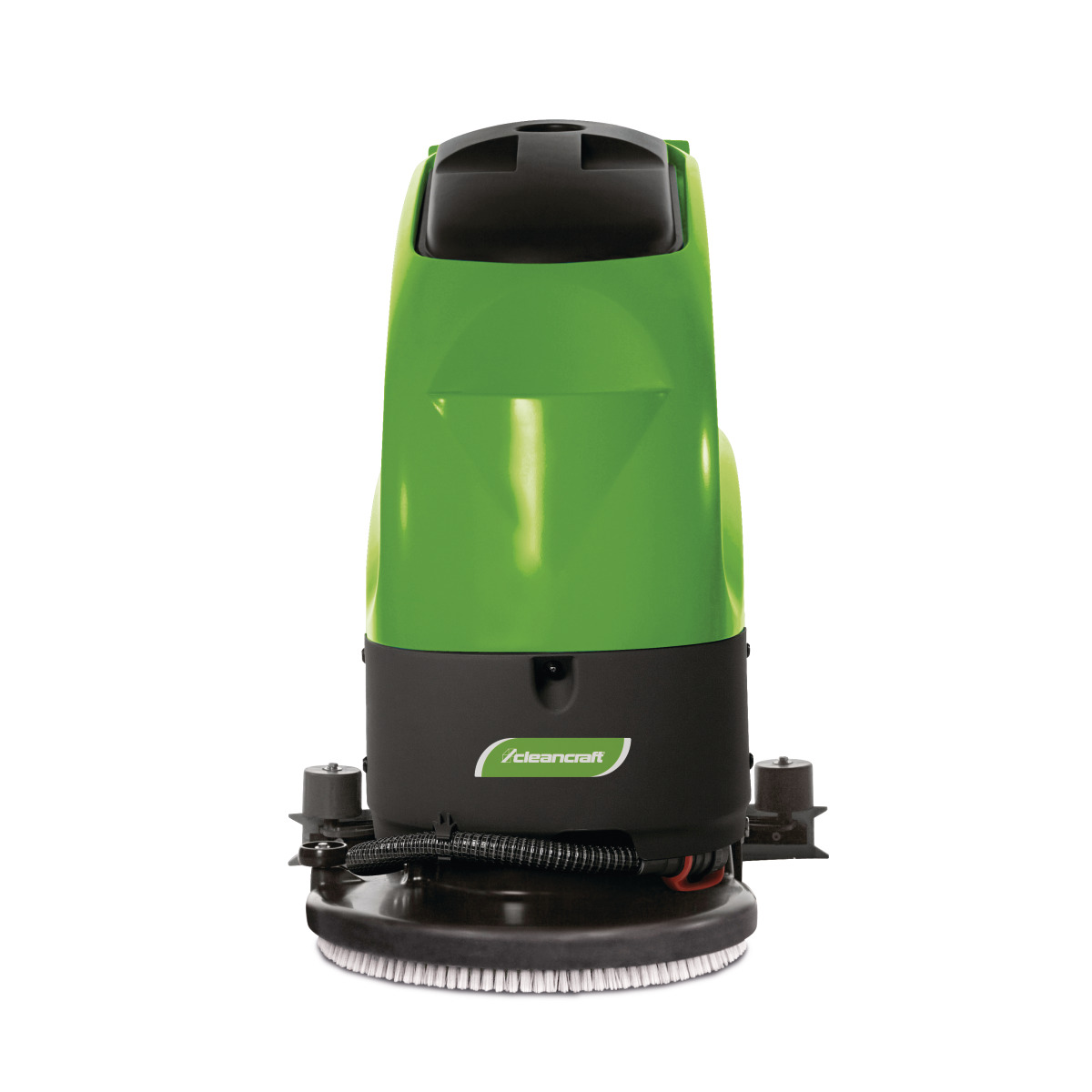 Handgeführte Scheuersaugmaschine SSM 550 Frontansicht einer grünen Bodenreinigungsmaschine mit sichtbarer Rundbürste unten.