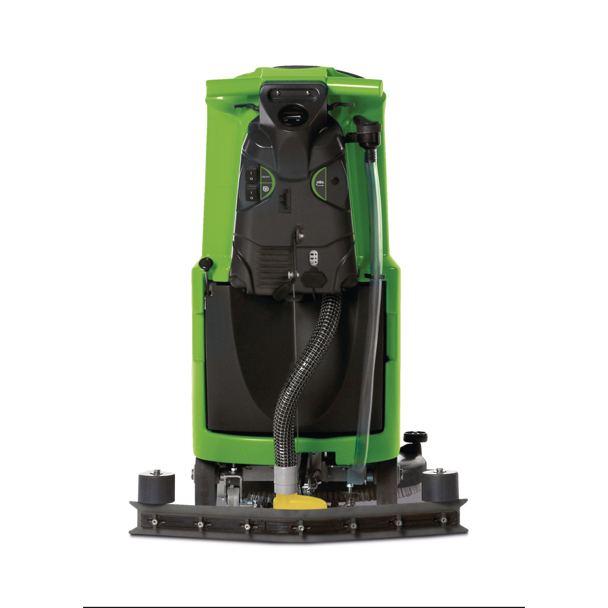 Handgeführte Scheuersaugmaschine SSM 550 Rückansicht einer grünen Bodenreinigungsmaschine mit Bedienelementen und Schlauchanschlüssen.