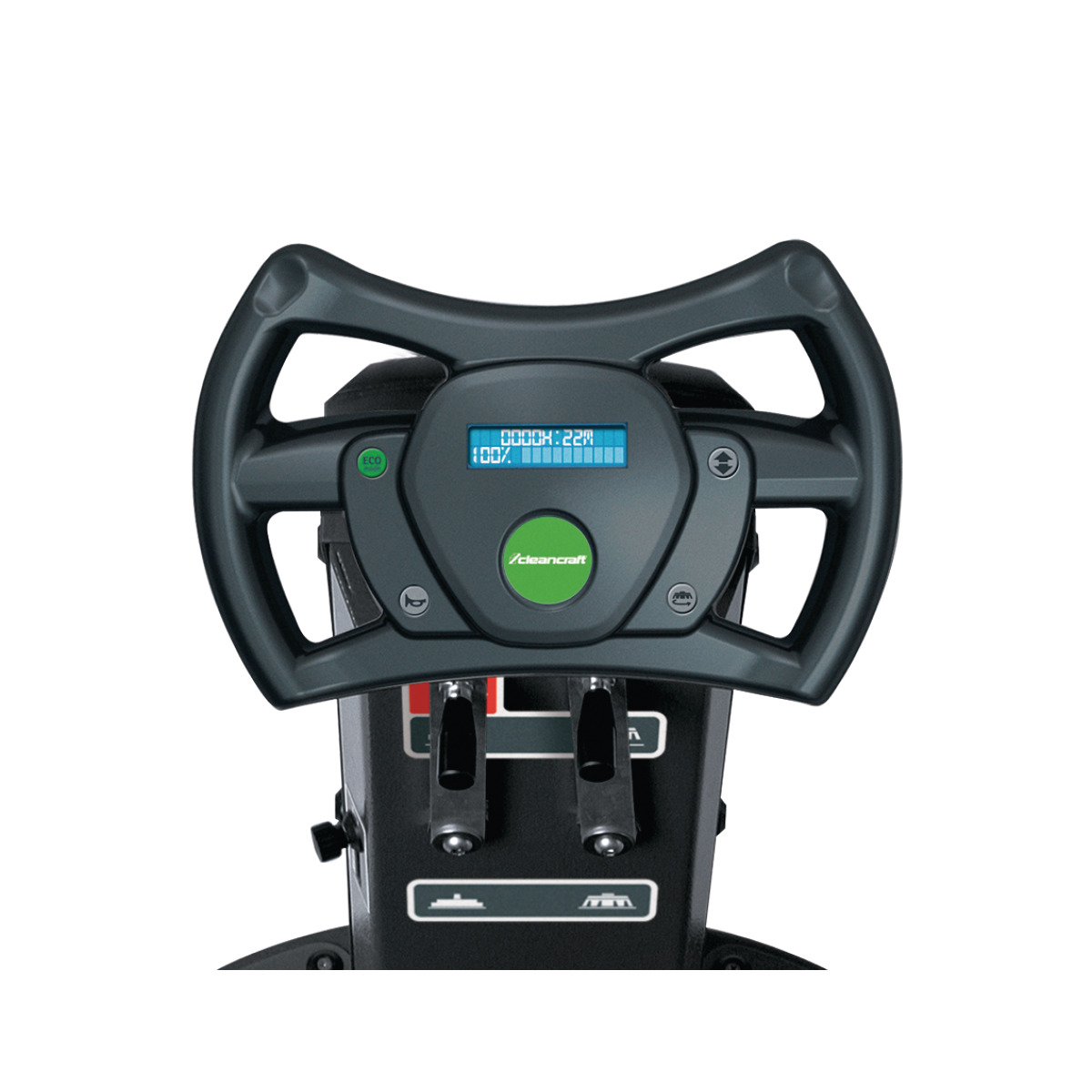 Aufsitzscheuersaugmaschine ASSM 560 Lenkrad einer Aufsitz-Bodenreinigungsmaschine mit Display und Bedientasten in Nahaufnahme.