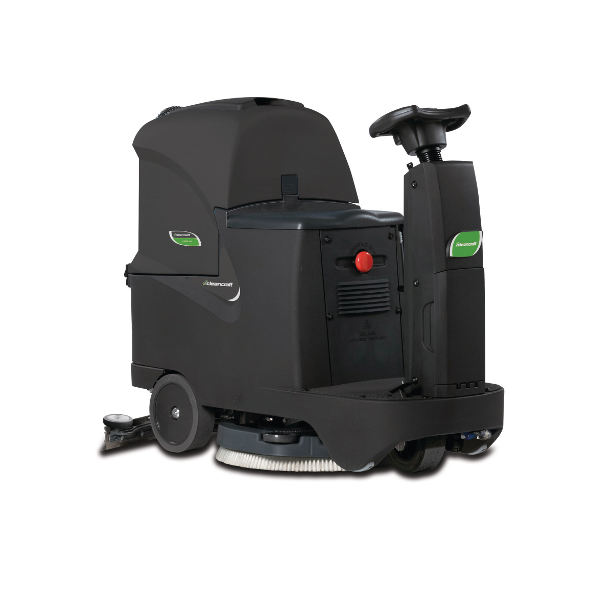 Aufsitzscheuersaugmaschine ASSM 560 Graue Aufsitz-Bodenreinigungsmaschine mit sichtbarer Rundbürste unten, schräg hinten.