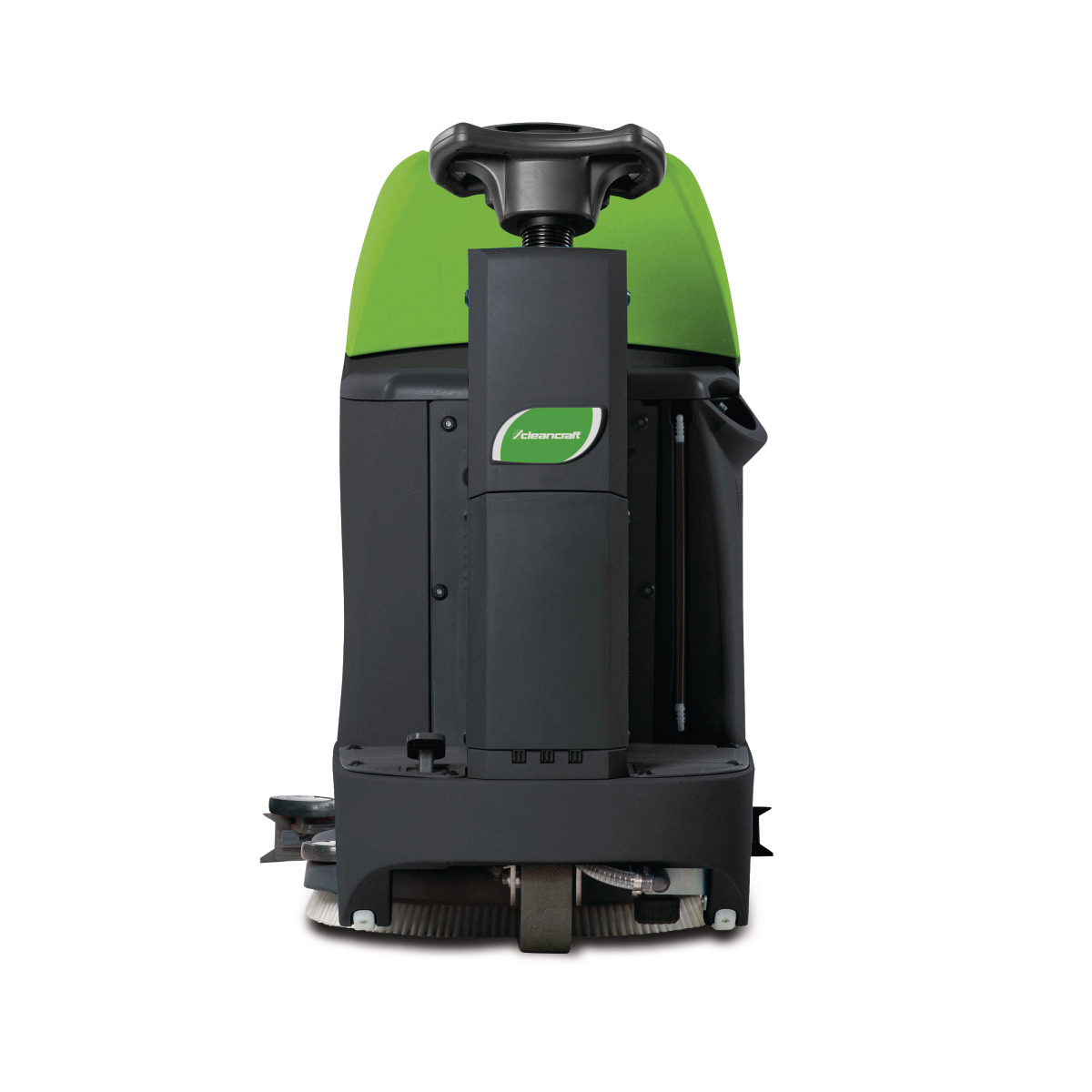 Aufsitzscheuersaugmaschine ASSM 560 Vorderansicht einer grünen Aufsitz-Bodenreinigungsmaschine mit schwarzer Lenksäule.