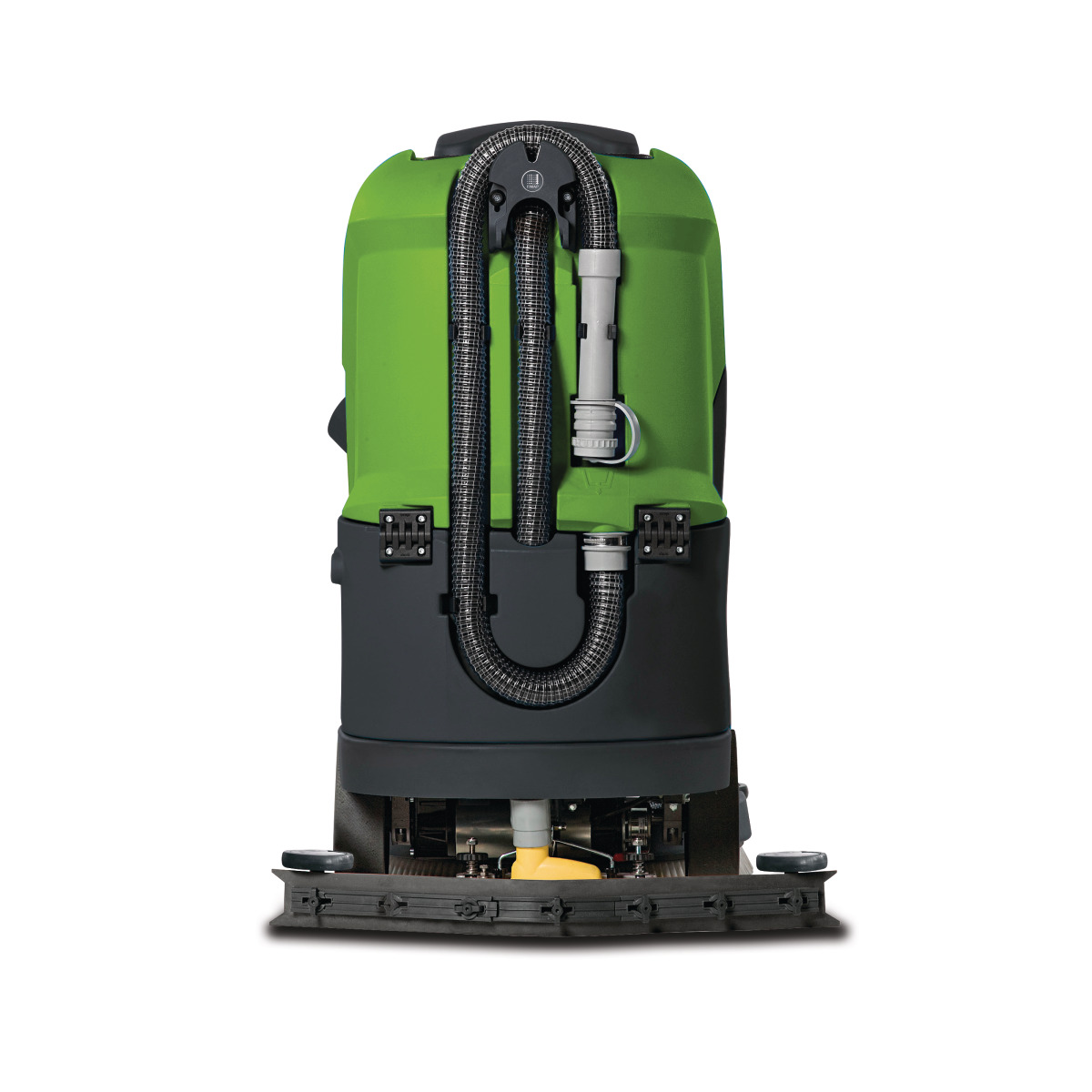 Aufsitzscheuersaugmaschine ASSM 560 Rückansicht einer grünen Aufsitz-Bodenreinigungsmaschine mit montiertem Saugschlauch.