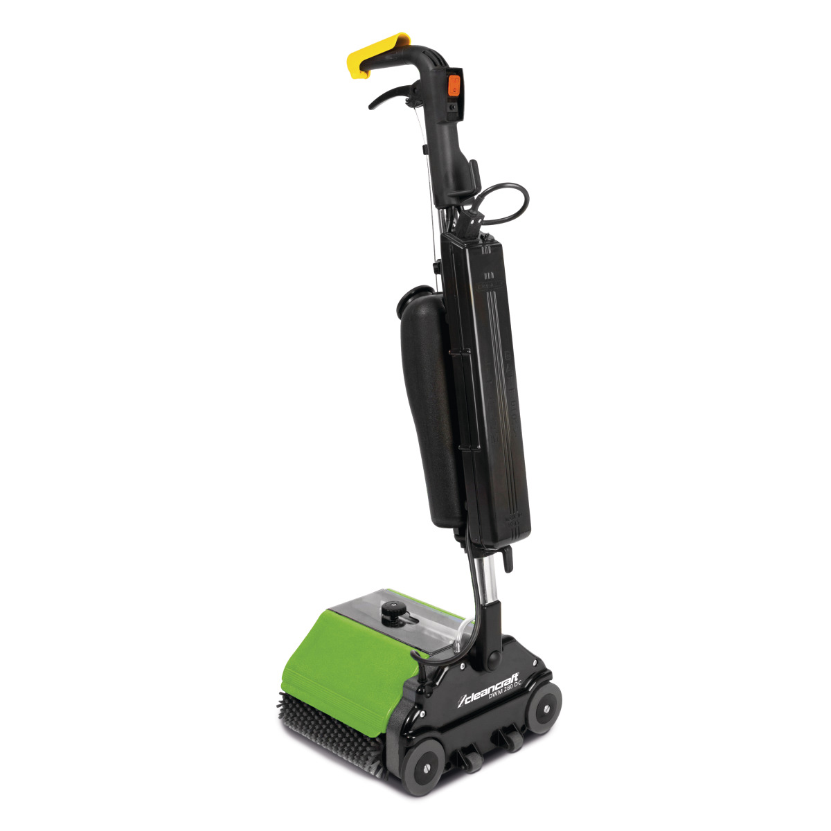 Doppelwalzenmaschine DWM 280 DC Kompakte grün-schwarze Bodenreinigungsmaschine mit Wassertank und Handgriff.