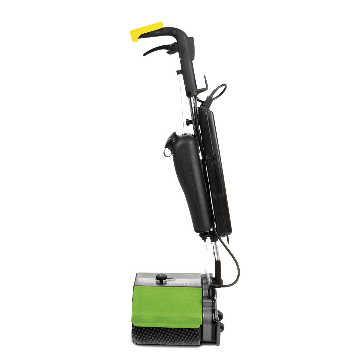 Doppelwalzenmaschine DWM 280 DC Seitenansicht einer kleinen handgeführten Bodenreinigungsmaschine mit gelbem Griff.