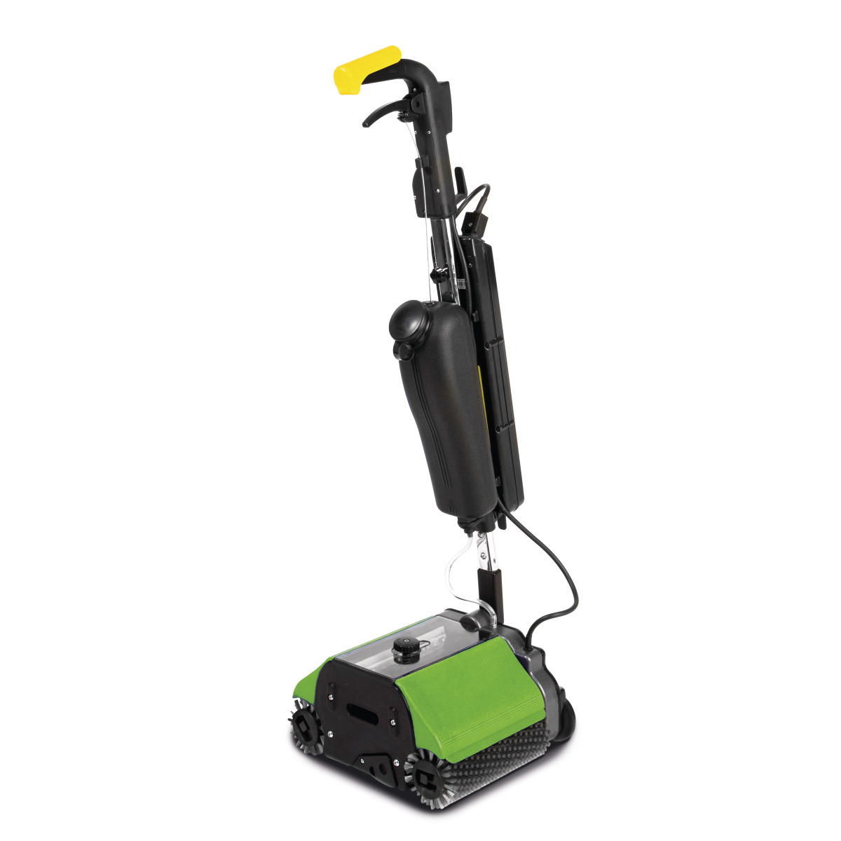 Doppelwalzenmaschine DWM 280 DC Kompakte grün-schwarze Bodenreinigungsmaschine mit Wassertank und Handgriff.