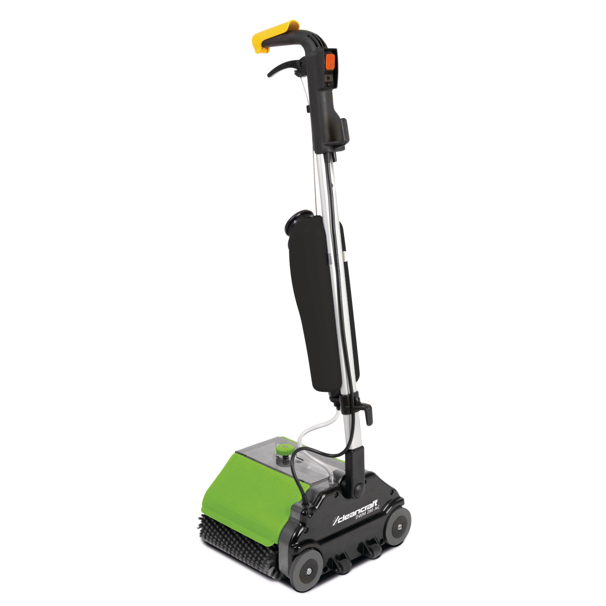 Kompakte grün-schwarze Bodenreinigungsmaschine mit Wassertank und Handgriff.