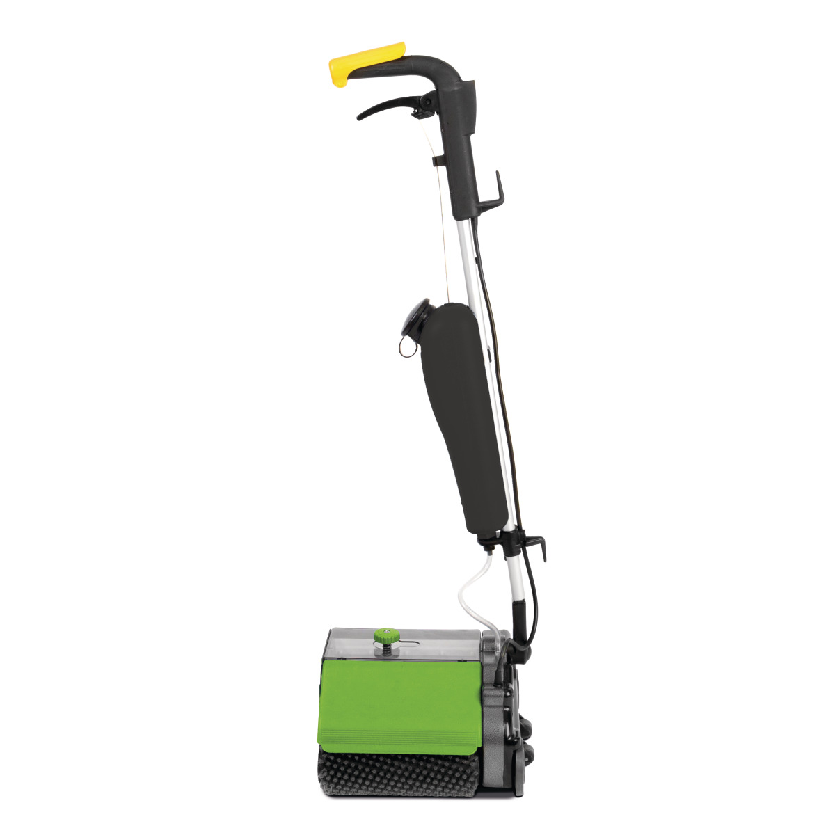 Seitenansicht einer kleinen handgeführten Bodenreinigungsmaschine mit gelbem Griff.