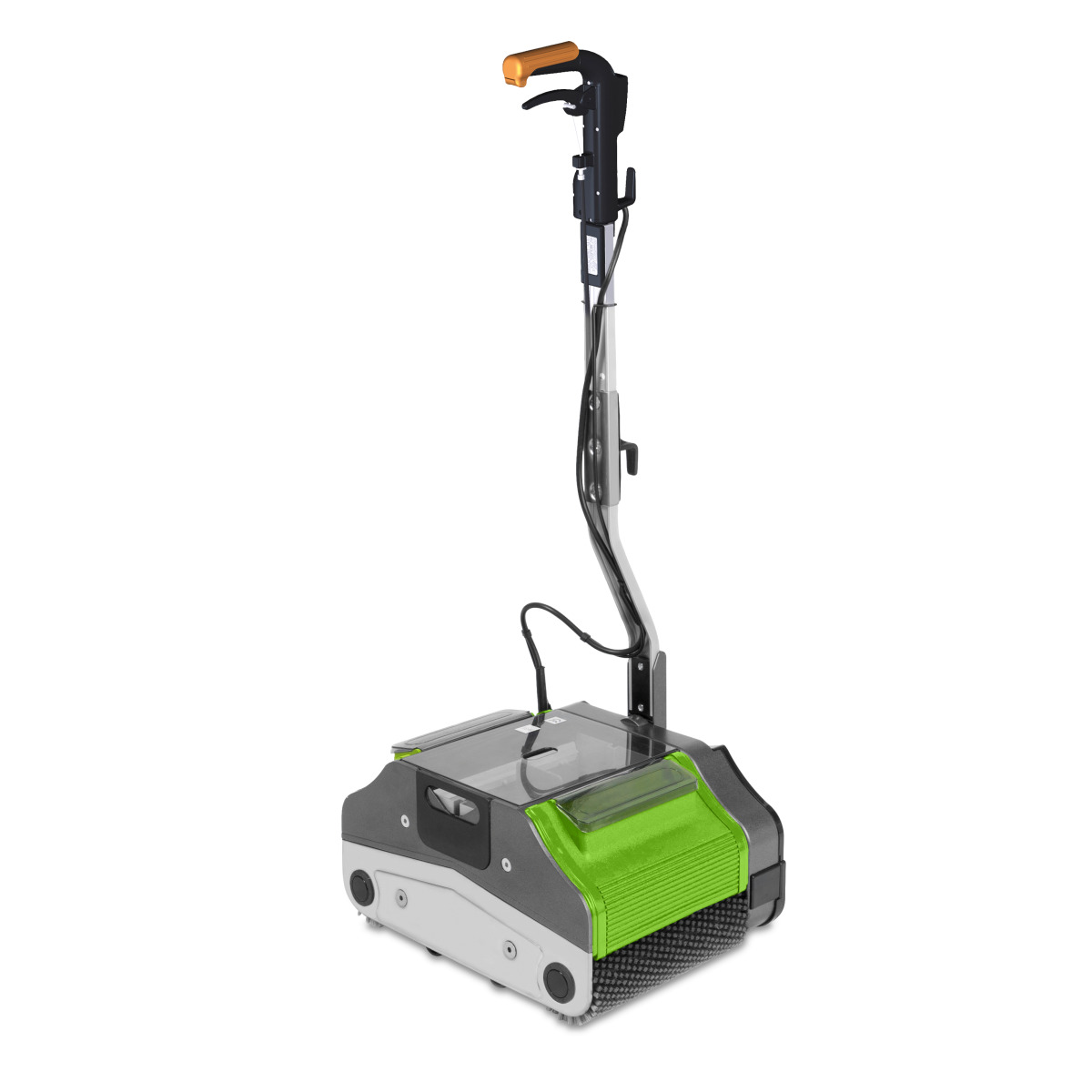 Doppelwalzenmaschine DWM-K 340 Handgeführte Bodenreinigungsmaschine mit grünem Gehäuse und transparenter Abdeckung.