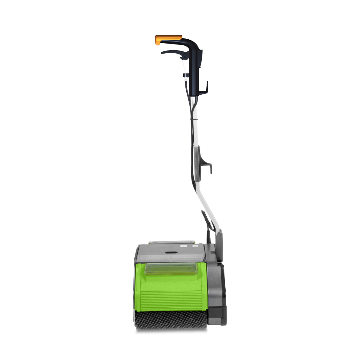 Doppelwalzenmaschine DWM-K 340 Seitenansicht einer kompakten, grün-schwarzen Bodenreinigungsmaschine mit ergonomischem Griff.