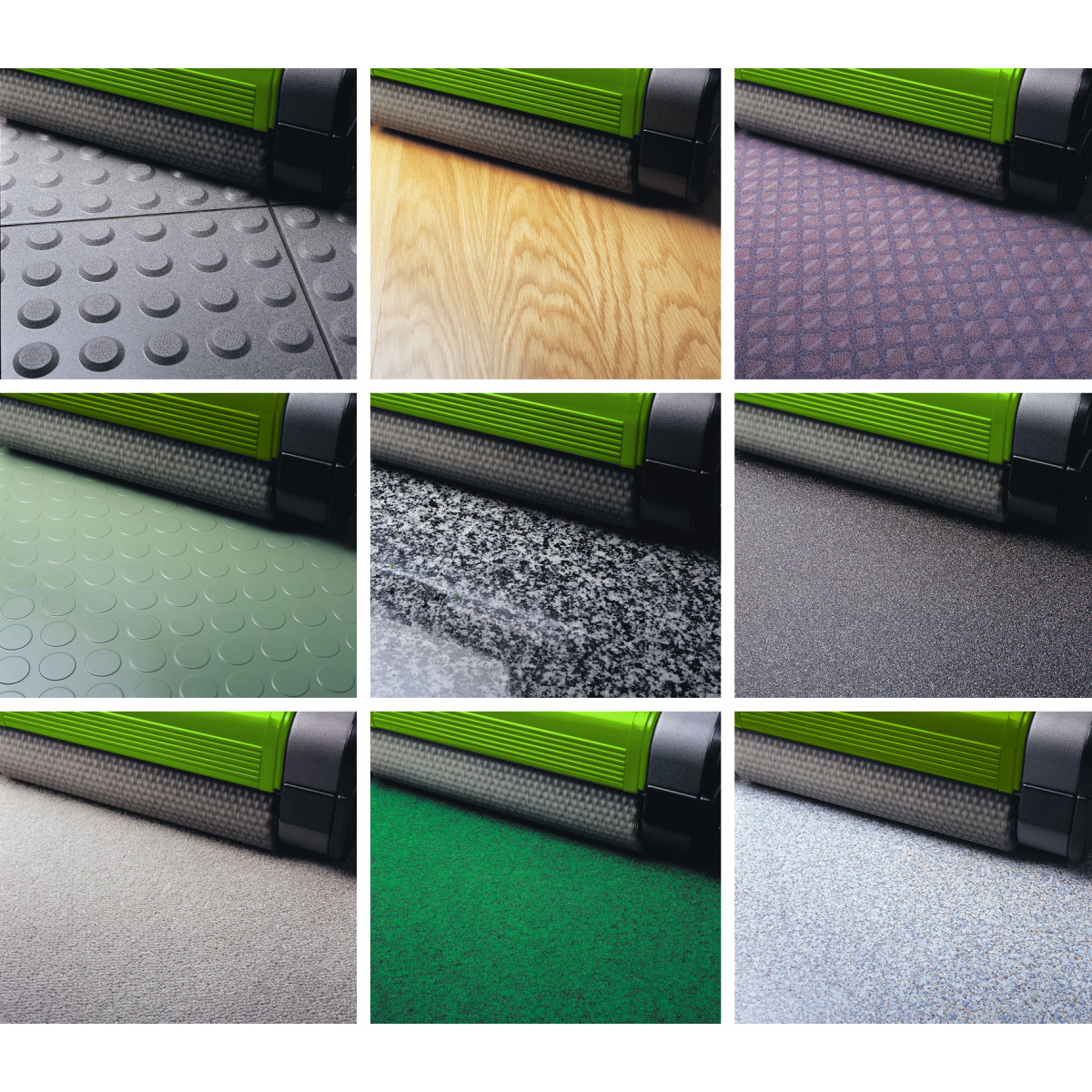 Doppelwalzenmaschine DWM-K 340 Verschiedene Bodenarten unter der Walze einer Reinigungsmaschine: Holz, Fliesen, Teppich, Gummi.