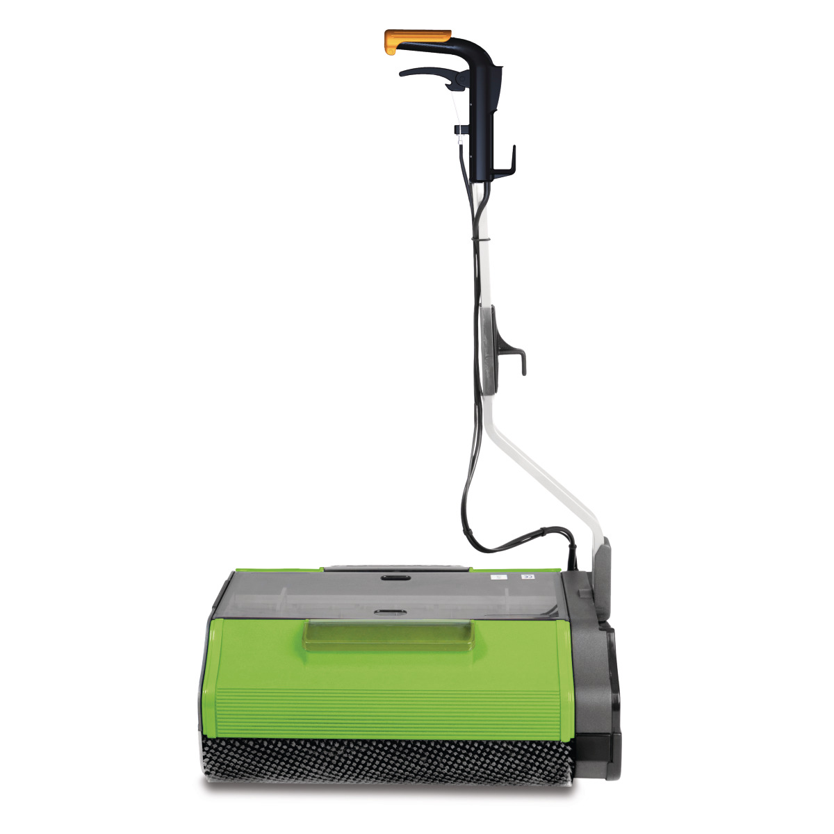 Doppelwalzenmaschine DWM-K 620 Seitenansicht einer handgeführten CleanCraft Bodenreinigungsmaschine mit grünem Gehäuse.