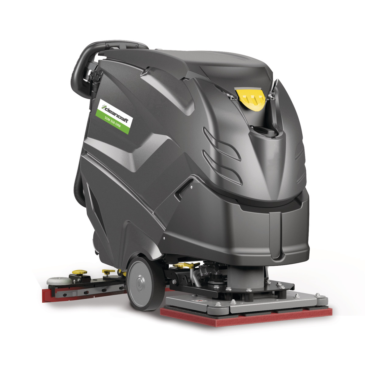 Graue Bodenreinigungsmaschine mit rechteckigem Pad unten und gelbem Griff, Seitenansicht.