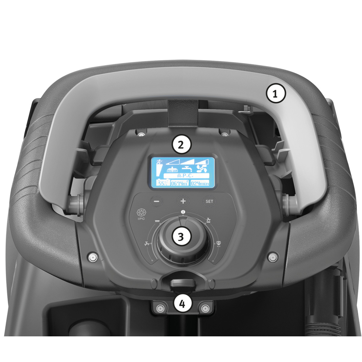 Handgeführte Scheuersaugmaschine SSM 550 CY Bedienfeld einer Bodenreinigungsmaschine mit Display, Drehregler und nummerierten Bedienelementen.
