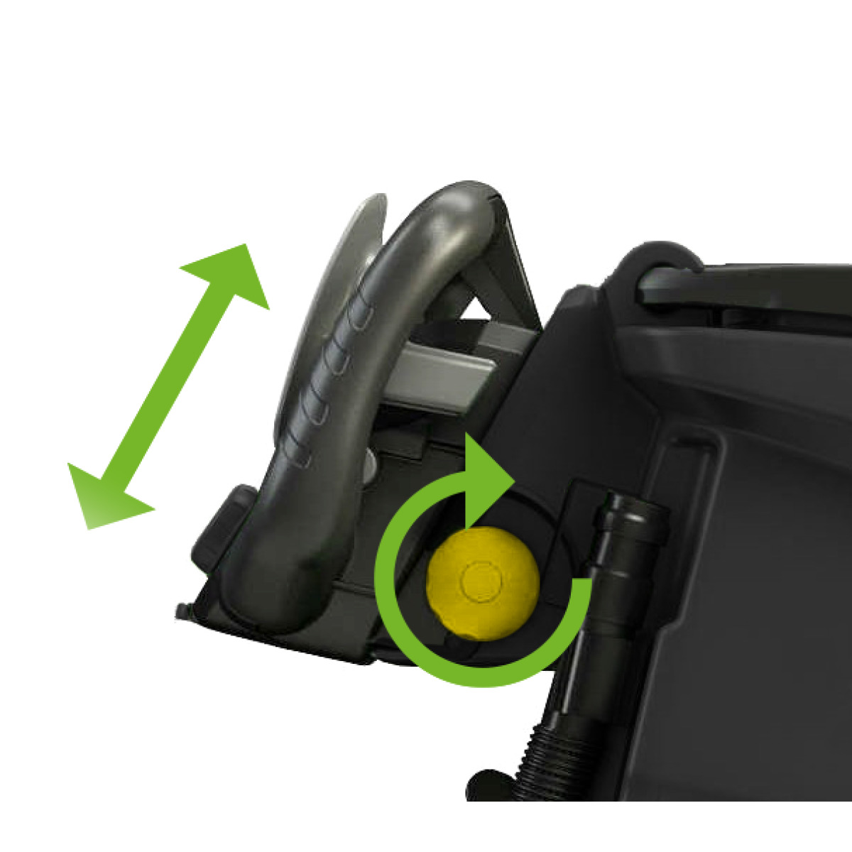 Verstellbarer Handgriff einer Bodenreinigungsmaschine mit grünen Pfeilen und gelbem Drehknauf gezeigt.