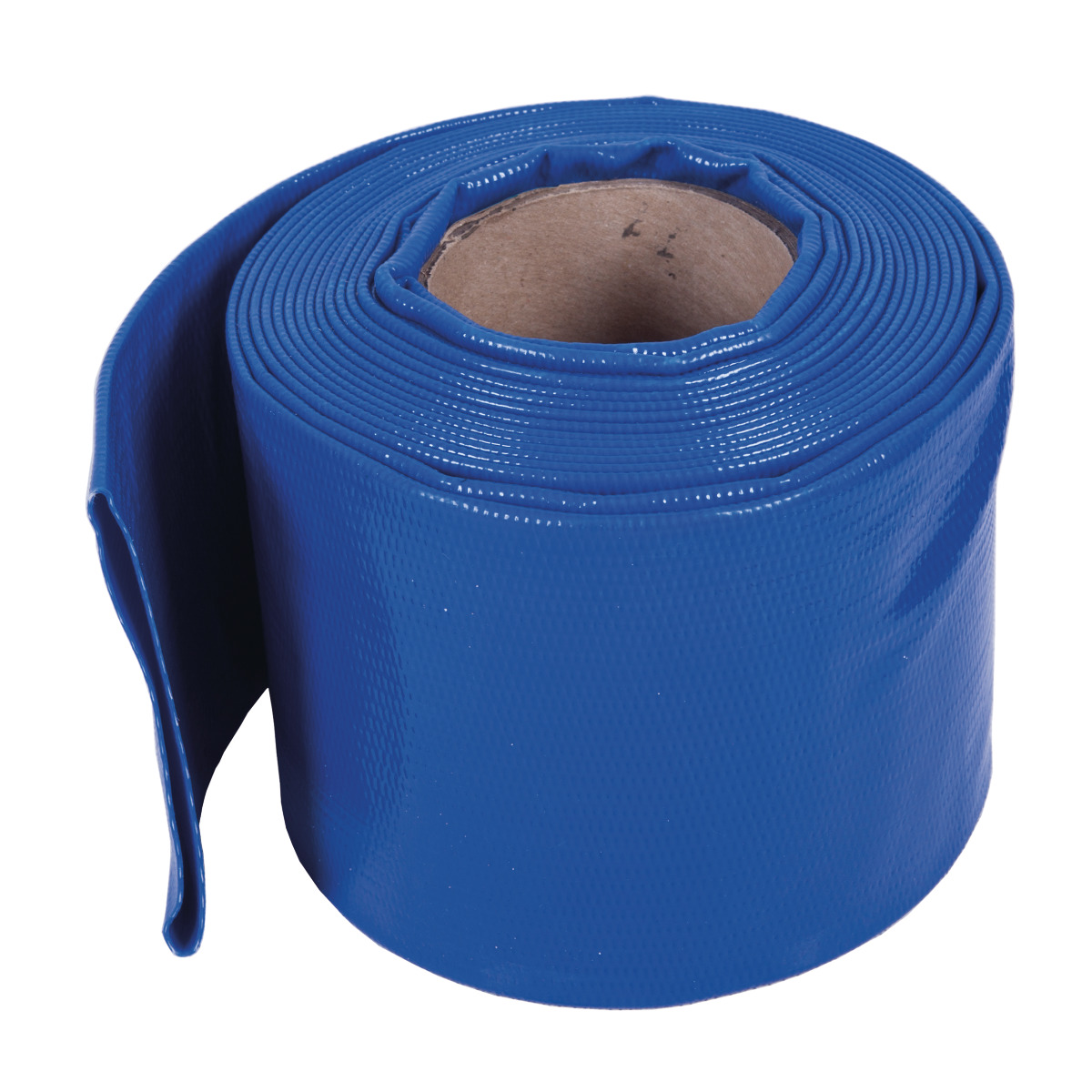 Blauer, flach aufrollbarer PVC-Druckschlauch auf Kartonkern, Modell Cleancraft.