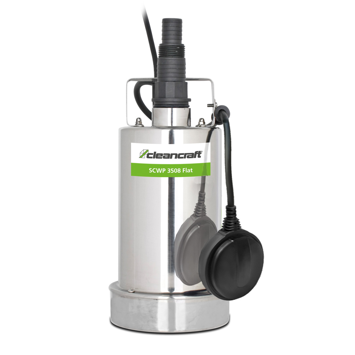 Edelstahl-Tauchpumpe mit Stromkabel, Ablaufschlauchanschluss und Schwimmerschalter, Modell Cleancraft SCWP 3508 Flat.