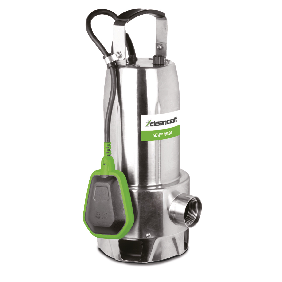 Edelstahl-Schmutzwasserpumpe mit seitlichem Anschluss und grün-schwarzem Schwimmerschalter, Modell Cleancraft SDWP 10020.