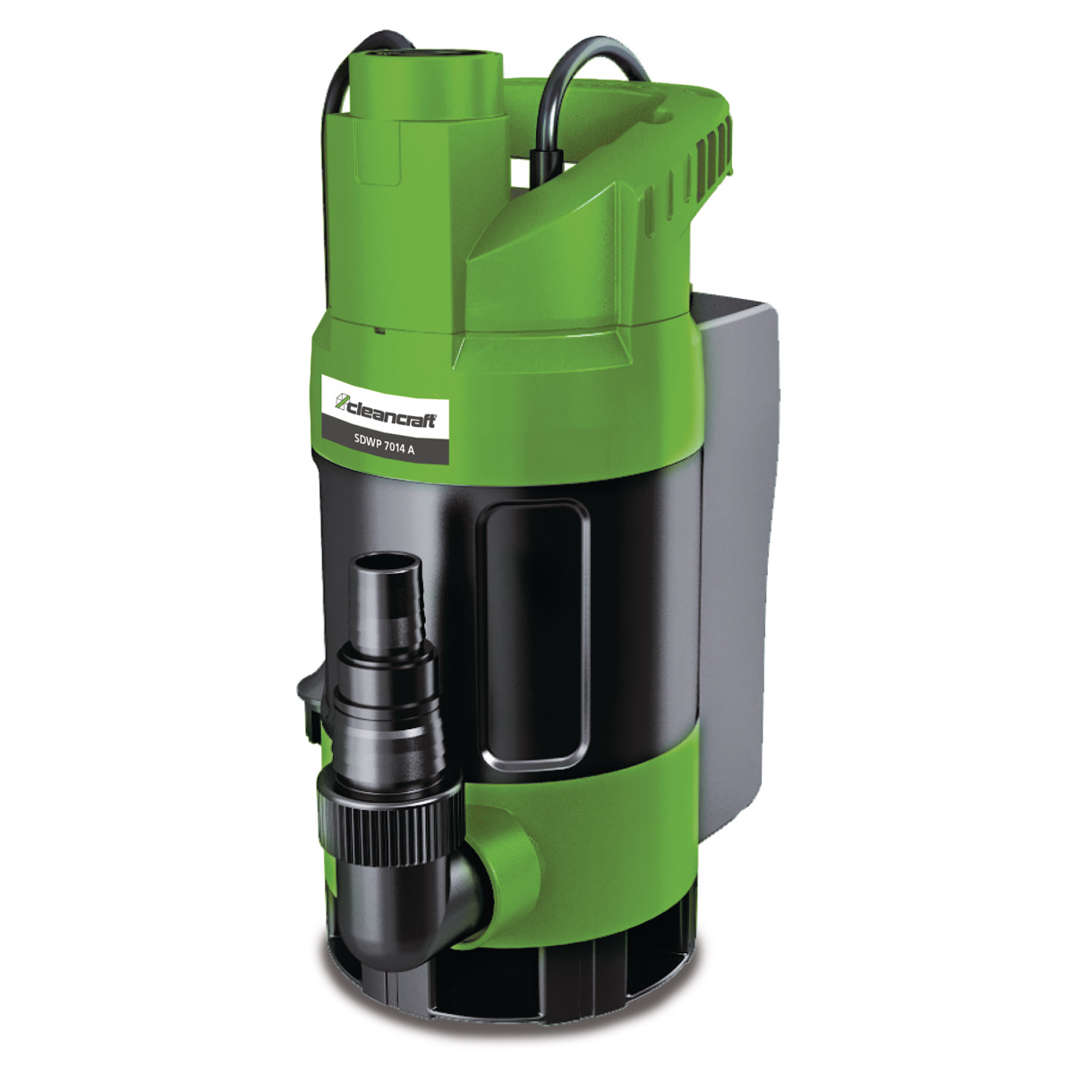 Schmutzwasserpumpe in Grün-Schwarz mit seitlichem Schlauchanschluss, Modell Cleancraft SDWP 7014 A.