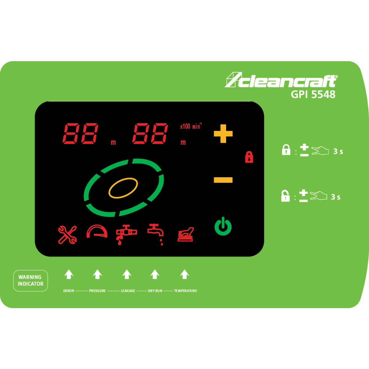 Haus- und Gartenpumpe GPI 5548 Nahaufnahme des grünen Bedienfelds mit Display und Symbolen der Cleancraft GPI 5548.