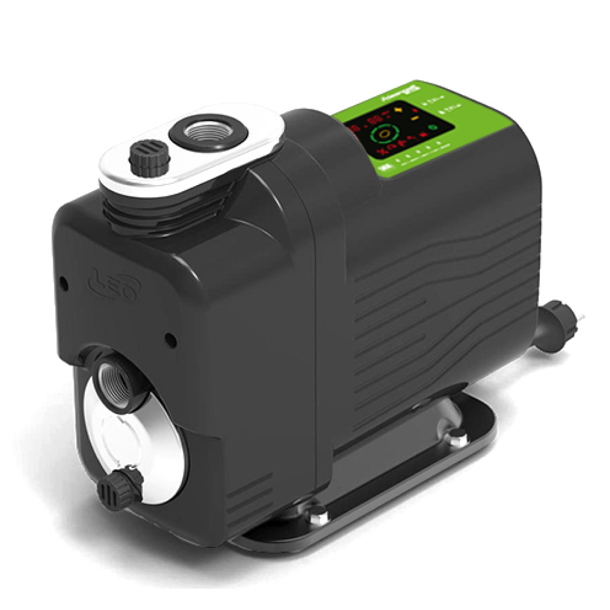 Haus- und Gartenpumpe GPI 5548 Schwarze Hauswasserpumpe mit grünem Bedienfeld und seitlichem Wasseranschluss.