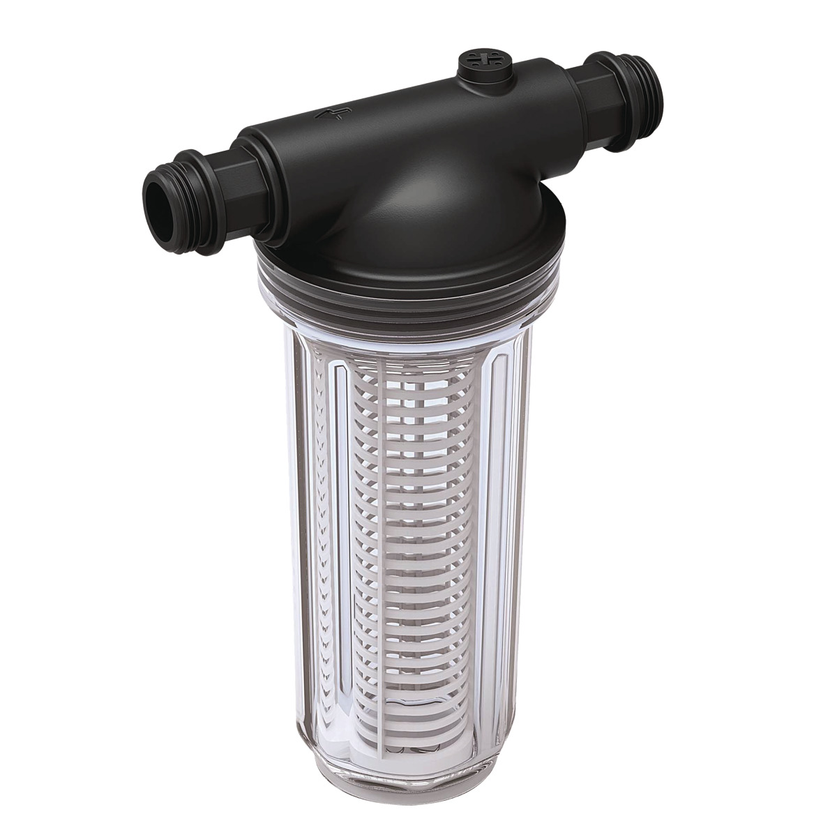 Transparenter Wasserfilter mit schwarzem Kunststoffkopf und Gewindeanschlüssen, innenliegender Filtereinsatz sichtbar.